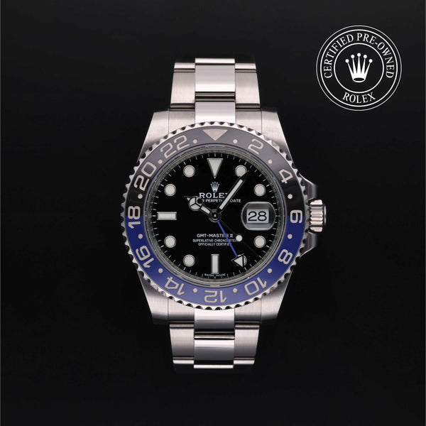 Rolex Certified Pre-owned GMT II M116710BLNR-0002 front on black background