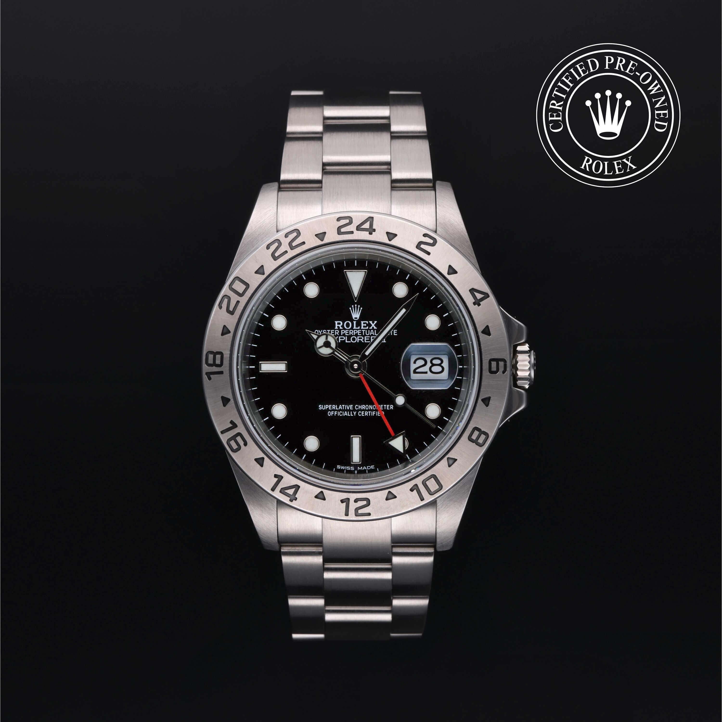 Rolex Certified Pre-owned Explorer M16570-0005 front on black background