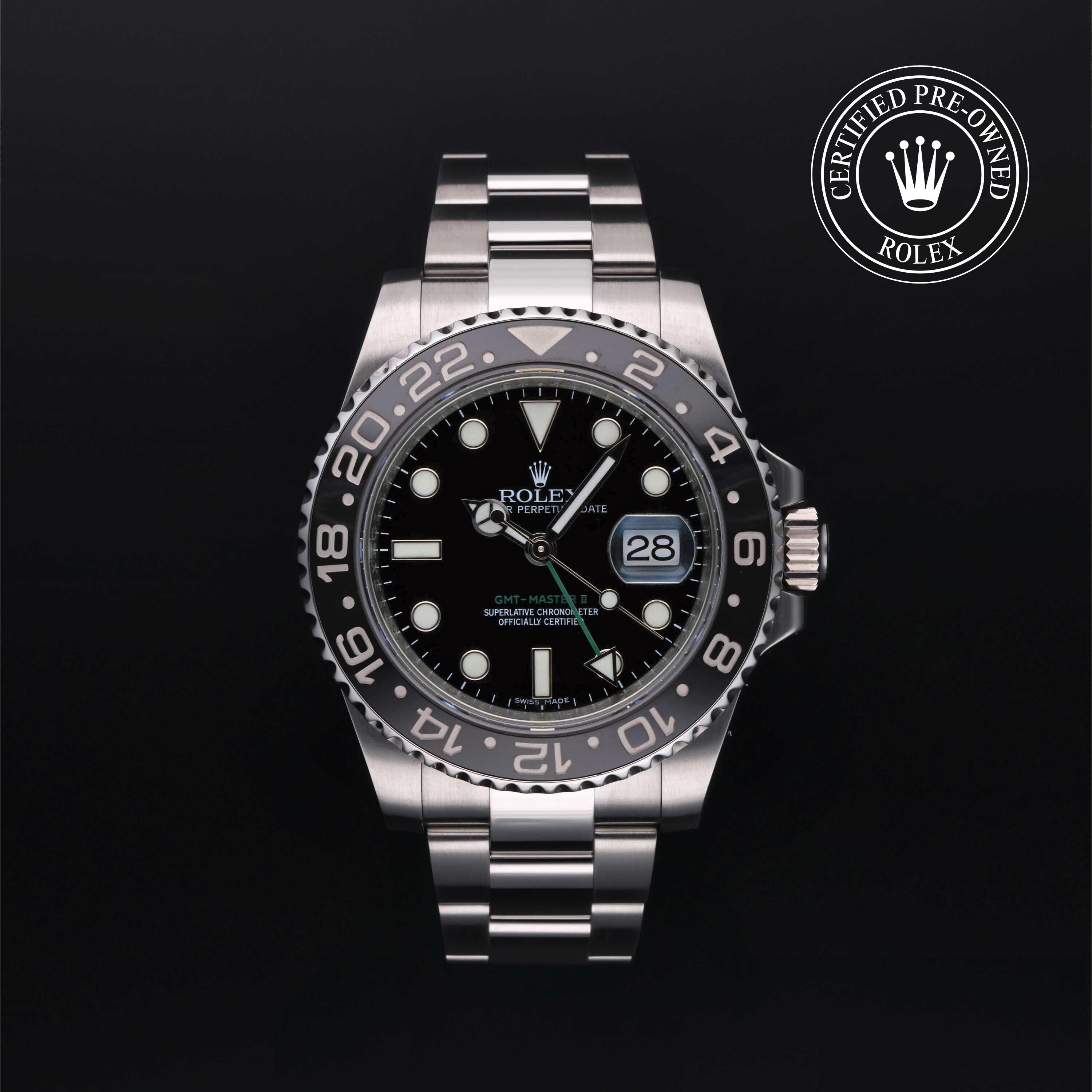 Rolex Certified Pre-owned GMT M116710LN-0001 front on black background