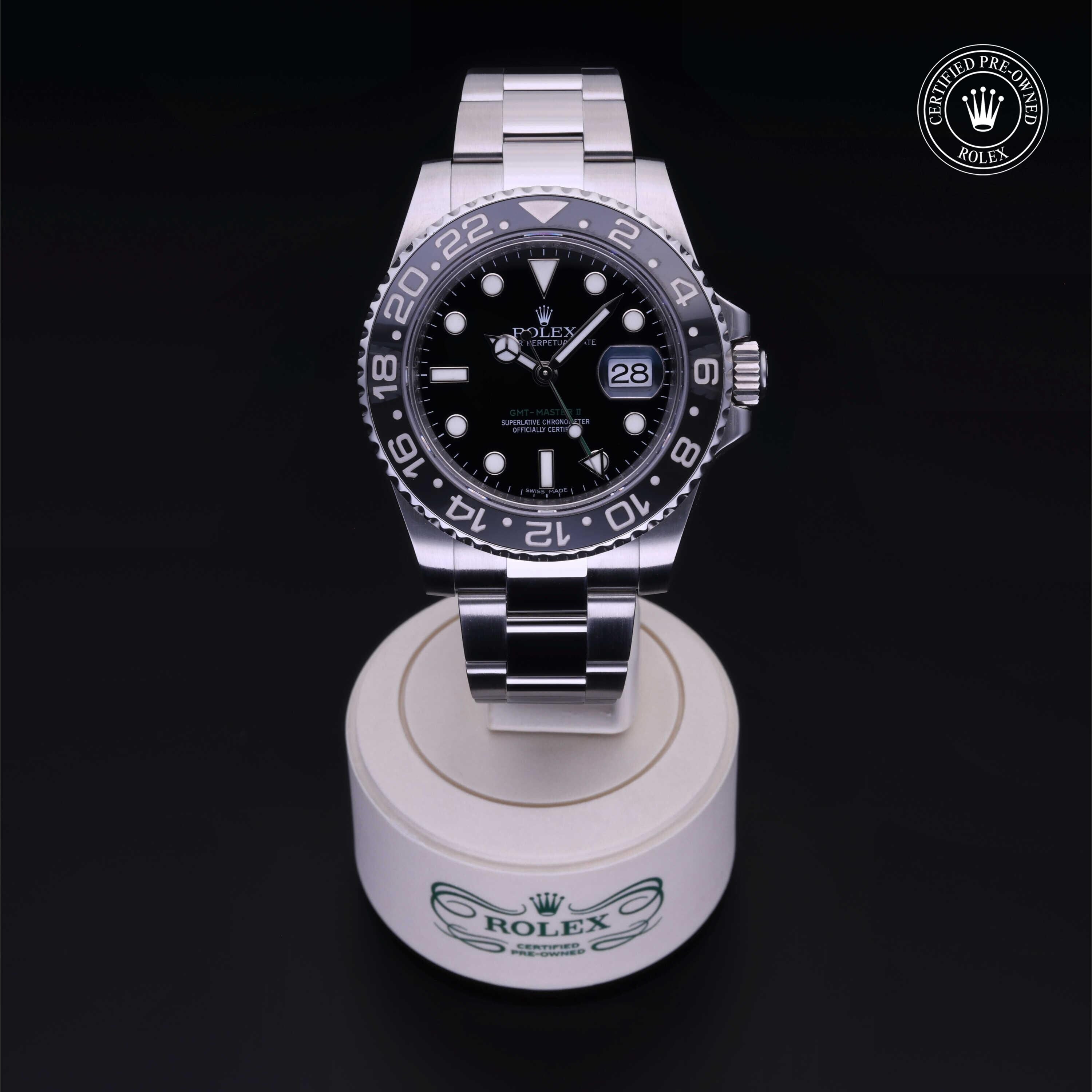 Rolex Certified Pre-owned GMT M116710LN-0001 front on black background