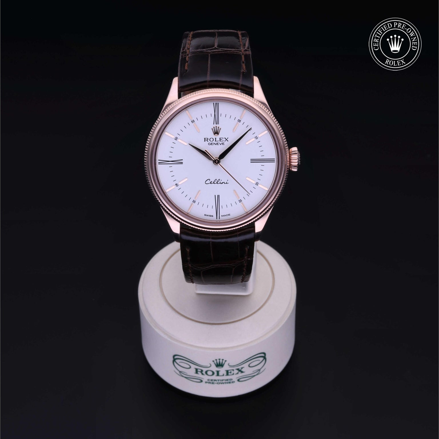 Rolex Certified Pre-owned Cellini M50505-0006 front on black background