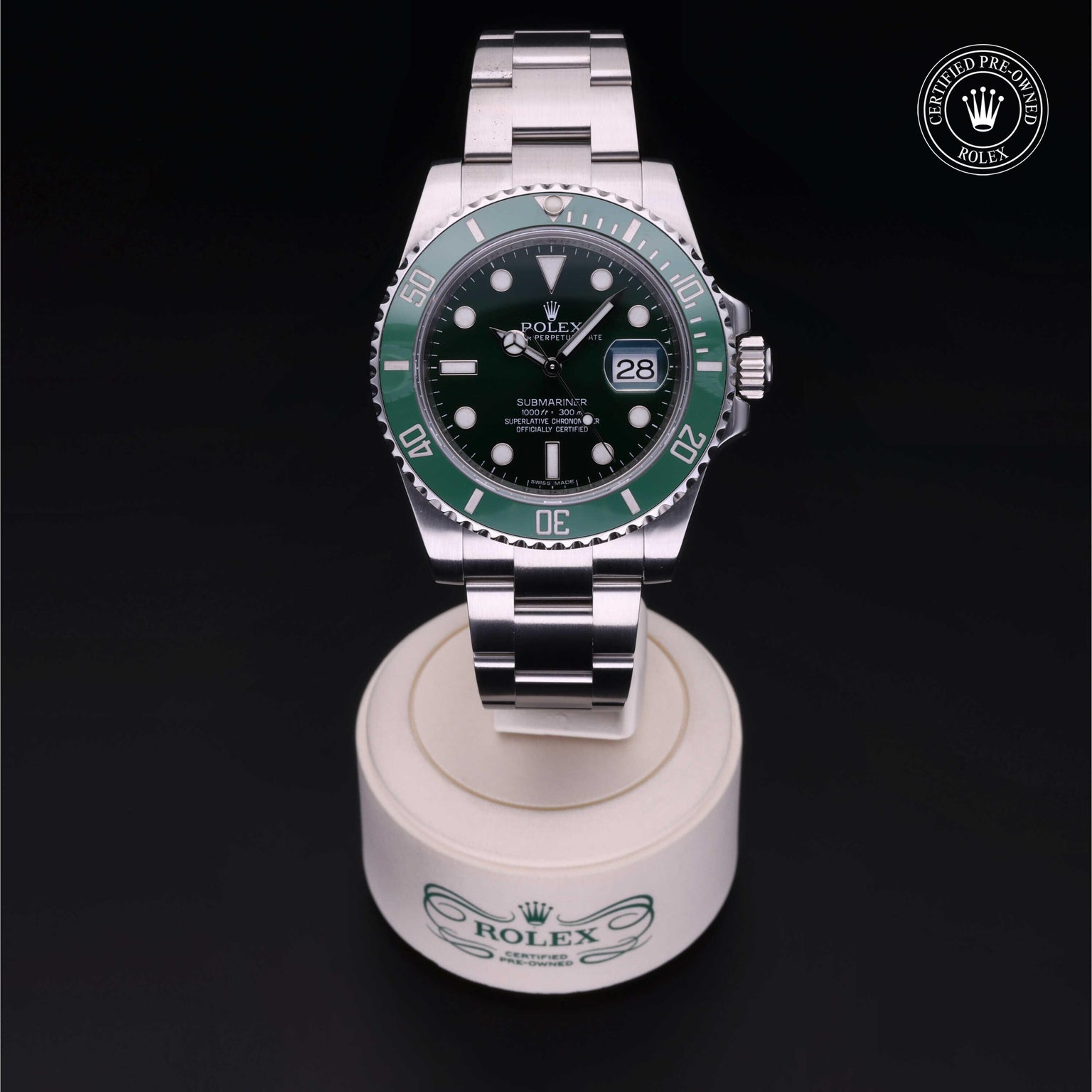 Rolex Certified Pre-owned Submariner M116610LV-0002 front on black background