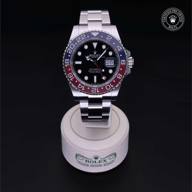 Rolex Certified Pre-owned GMT II M126710BLRO-0002 front on black background