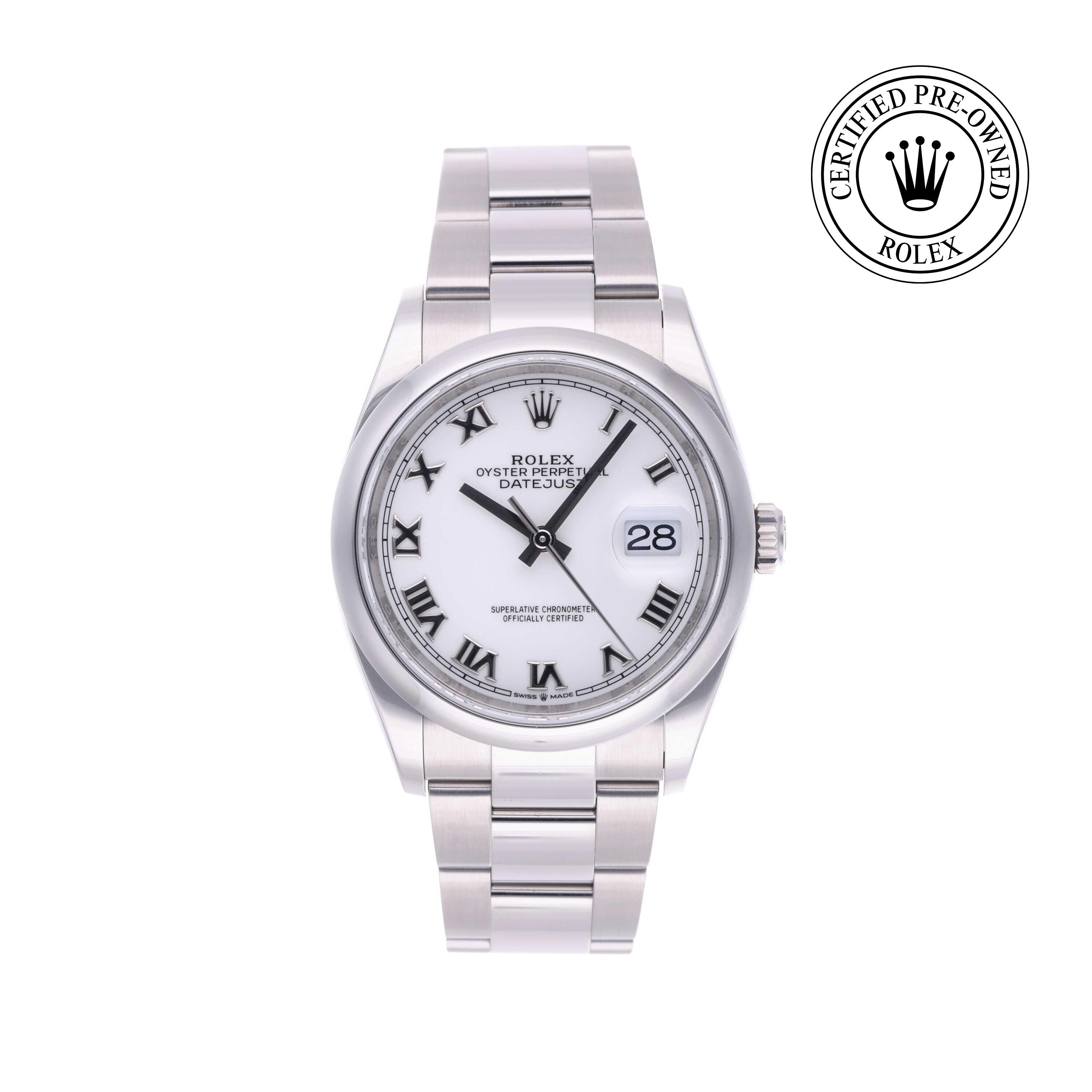 Rolex Certified Pre-owned Datejust M126200-0008 front on white background