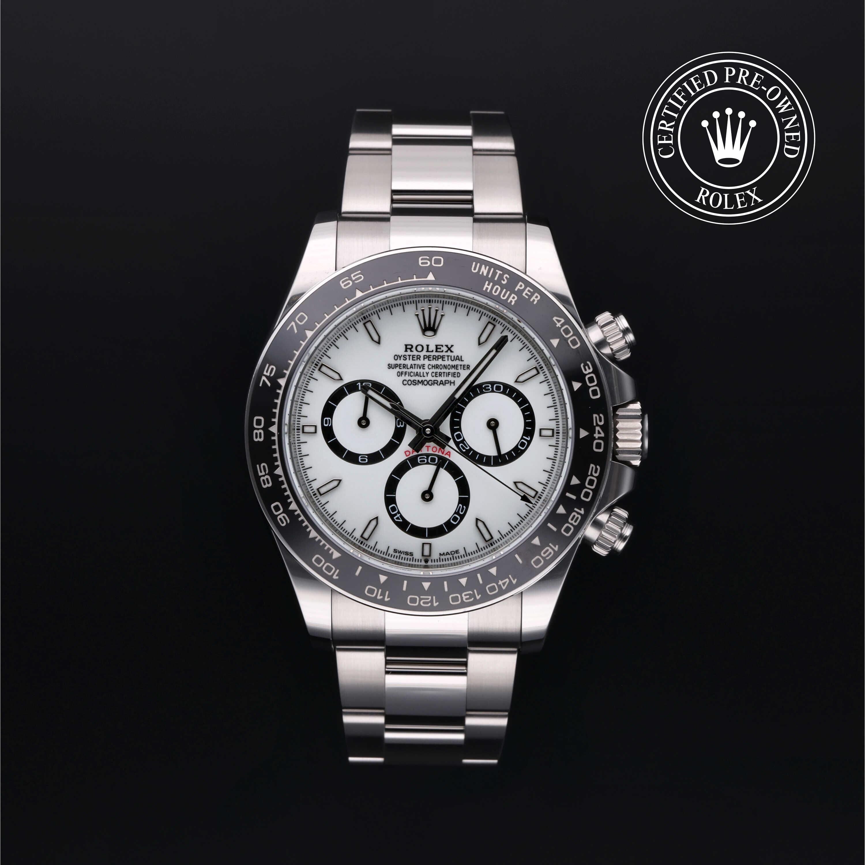 Rolex Certified Pre-owned Daytona M126500LN-0001 front on black background