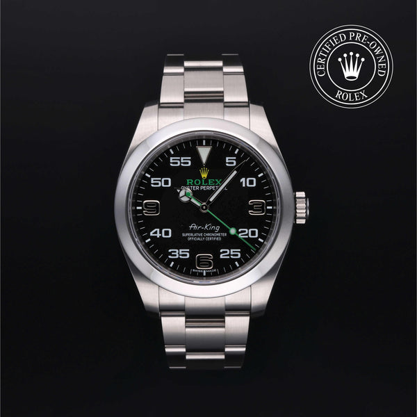 Rolex Certified Pre-owned Air-King M116900-0001 front on black background