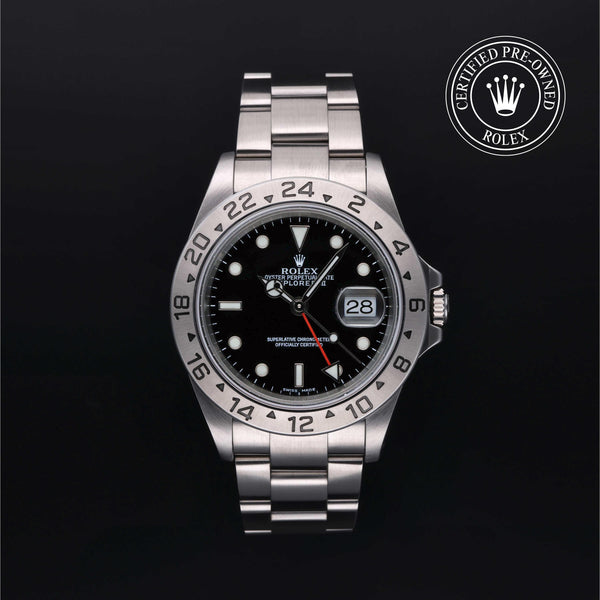 Rolex Certified Pre-owned Explorer M16570-0005 front on black background