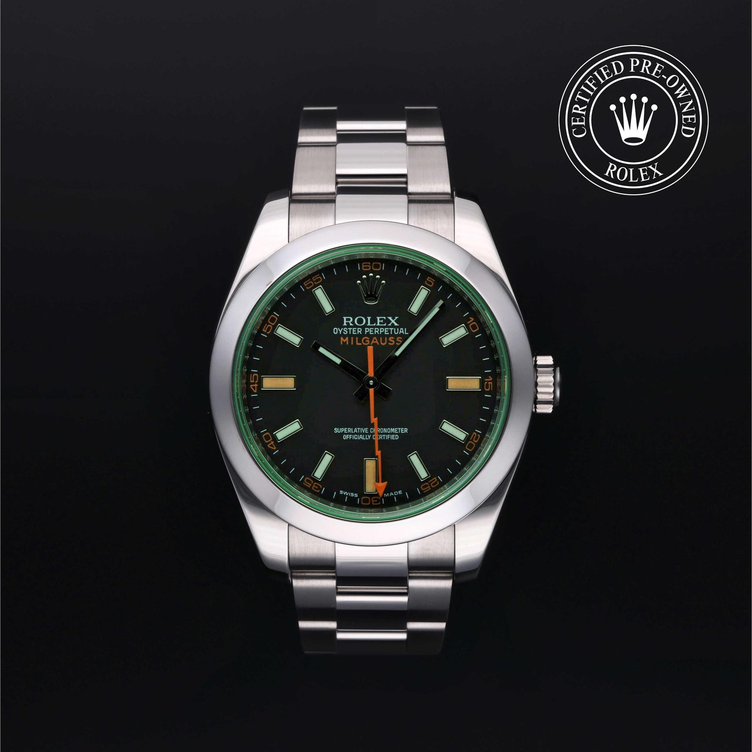 Rolex Certified Pre-owned Milgauss M116400GV-0001 front on black background