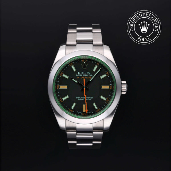 Rolex Certified Pre-owned Milgauss M116400GV-0001 front on black background