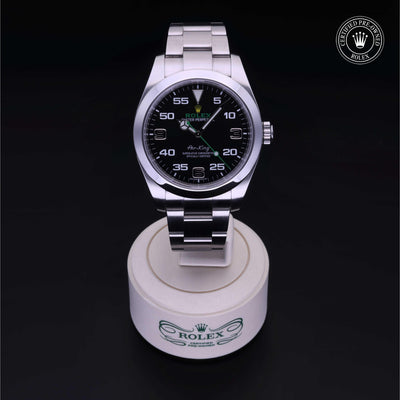 Rolex Certified Pre-owned Air-King M116900-0001 front on black background