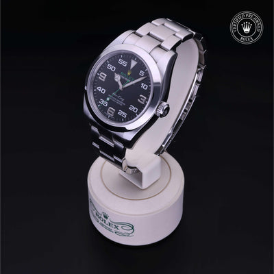 Rolex Certified Pre-owned Air-King M116900-0001 front on black background