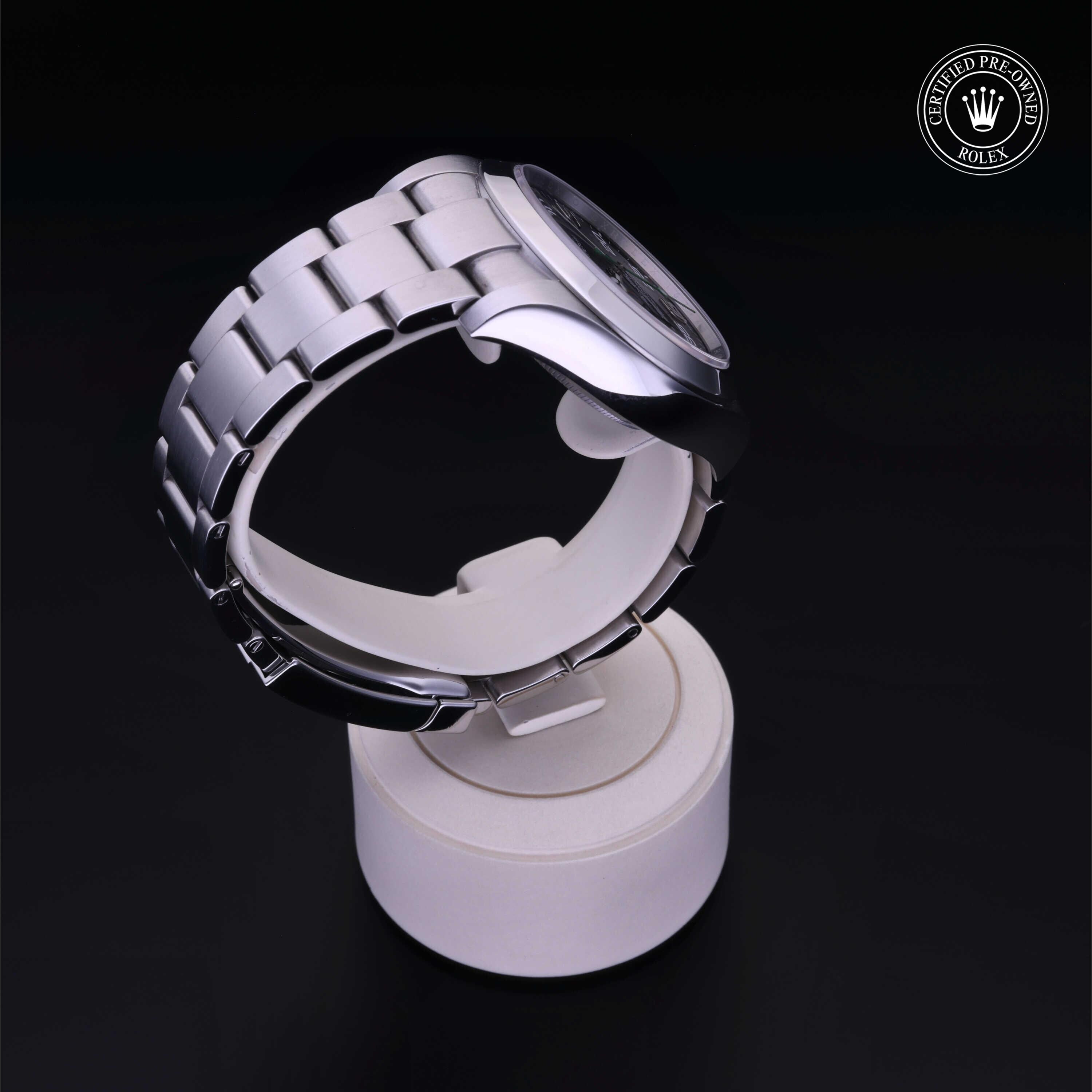 Rolex Certified Pre-owned Air-King M116900-0001 front on black background