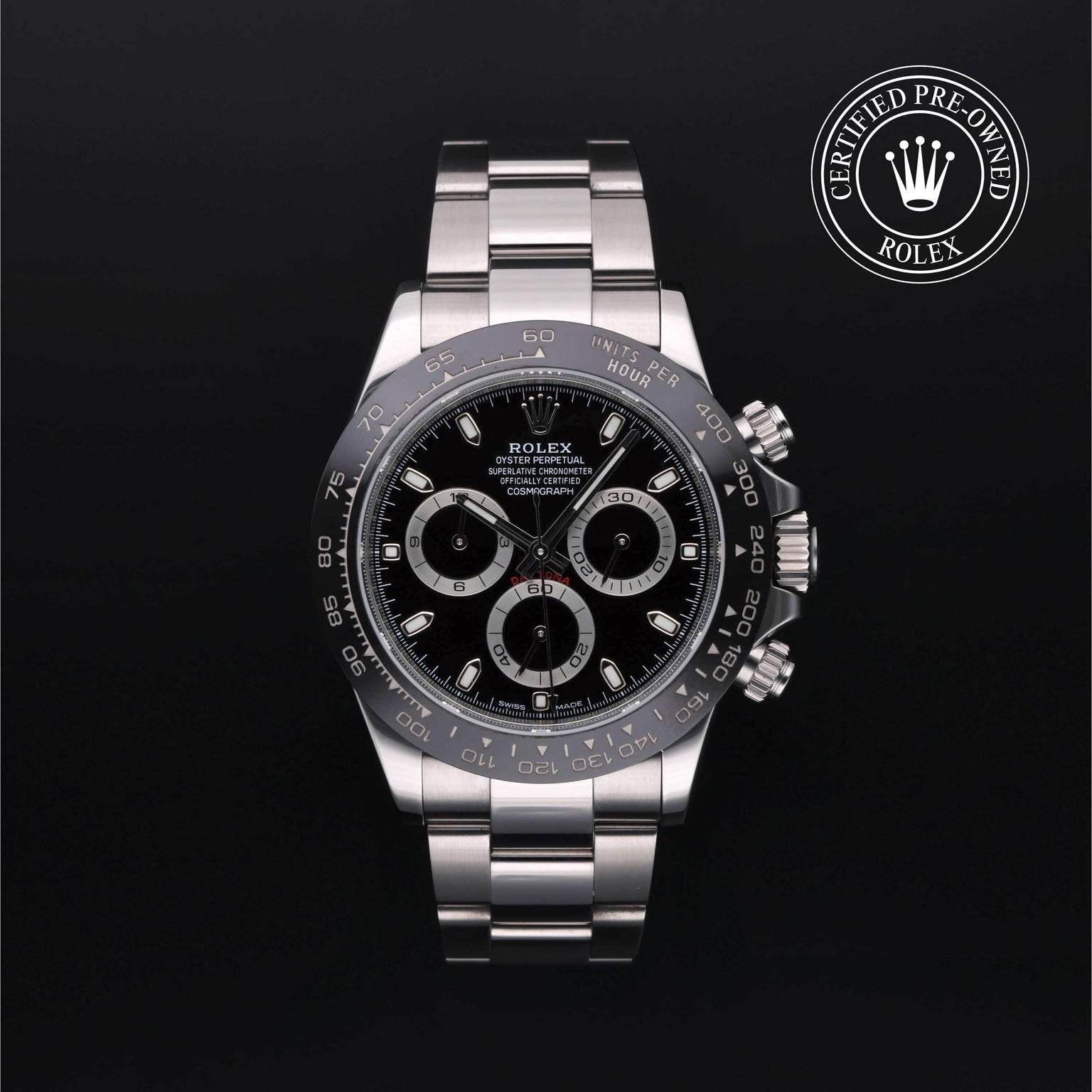 Rolex Certified Pre-owned Daytona M116500LN-0002 front on black background