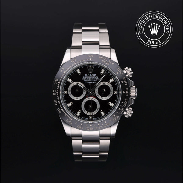 Rolex Certified Pre-owned Daytona M116500LN-0002 front on black background