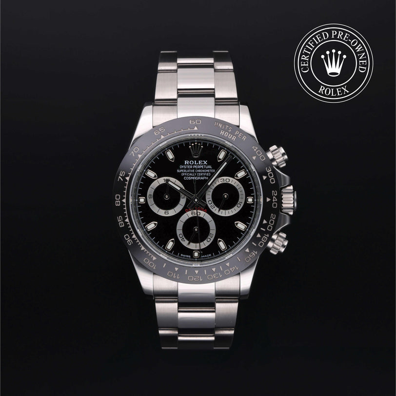 Rolex Certified Pre-owned Daytona M116500LN-0002 front on black background