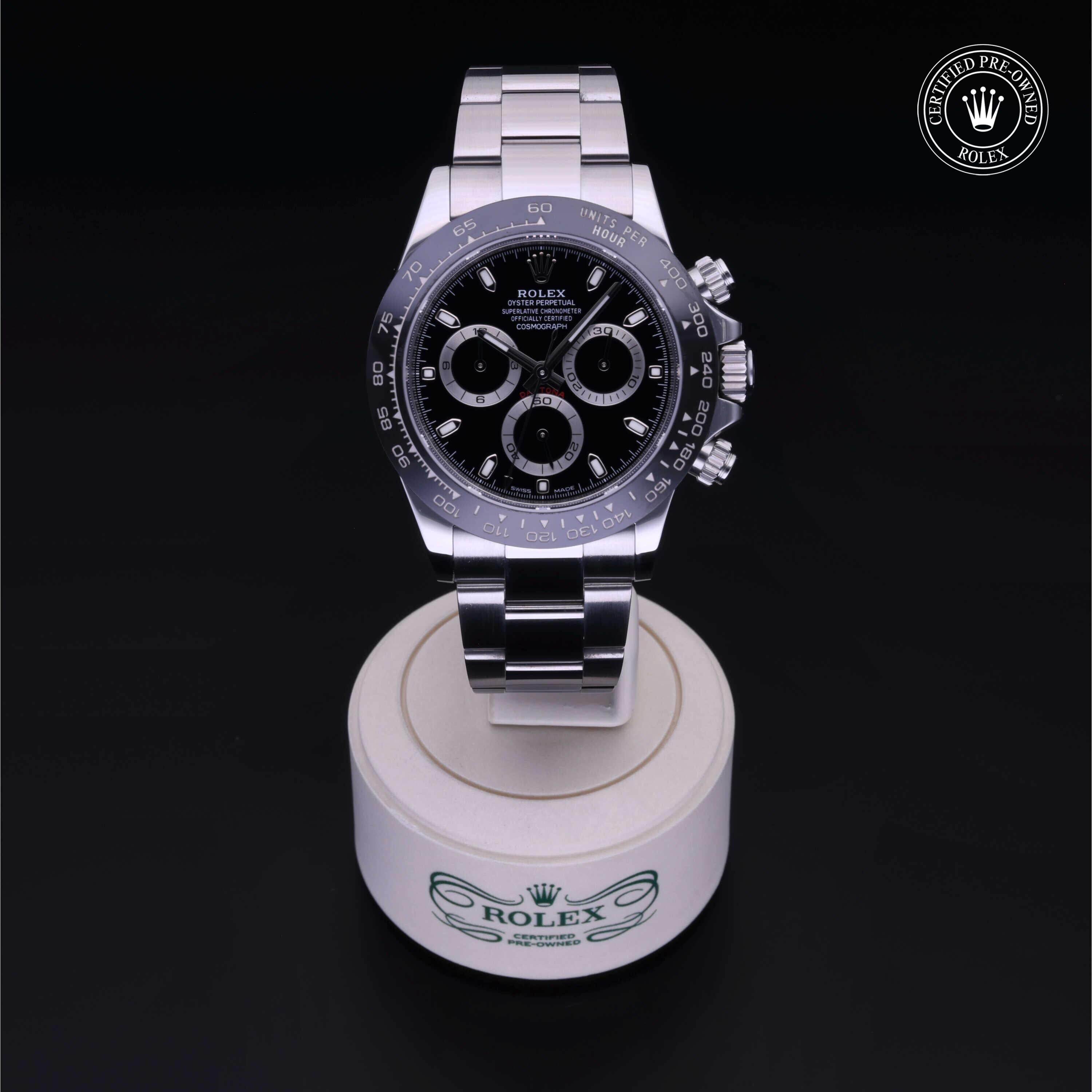 Rolex Certified Pre-owned Daytona M116500LN-0002 front on black background