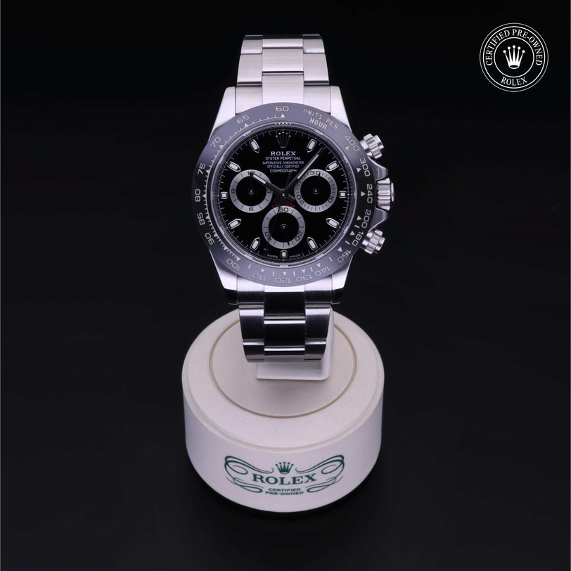 Rolex Certified Pre-owned Daytona M116500LN-0002 front on black background