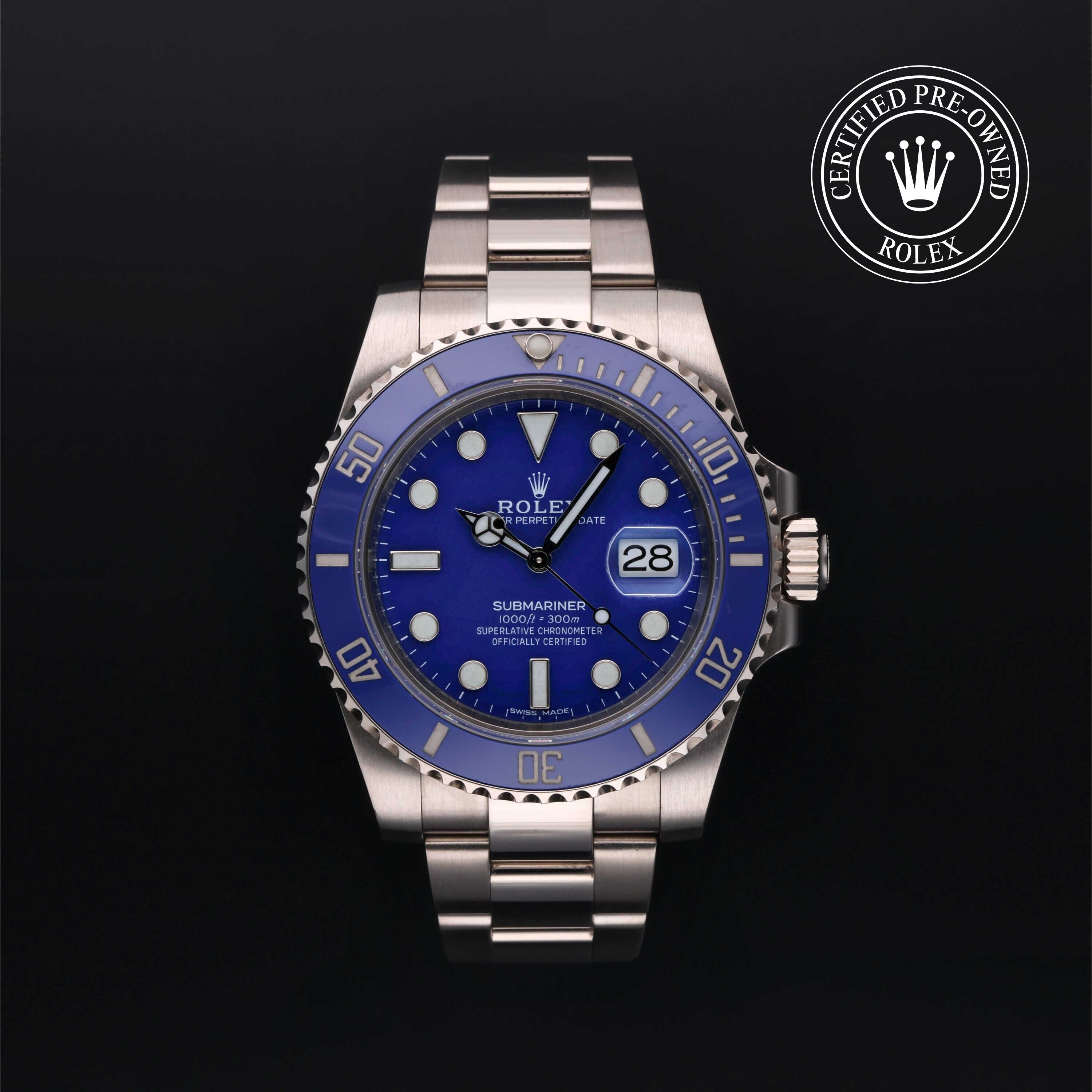 Rolex Certified Pre-owned Submariner M116619LB-0001 front on black background