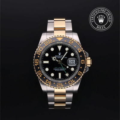 Rolex Certified Pre-owned GMT M116713LN-0001 front on black background