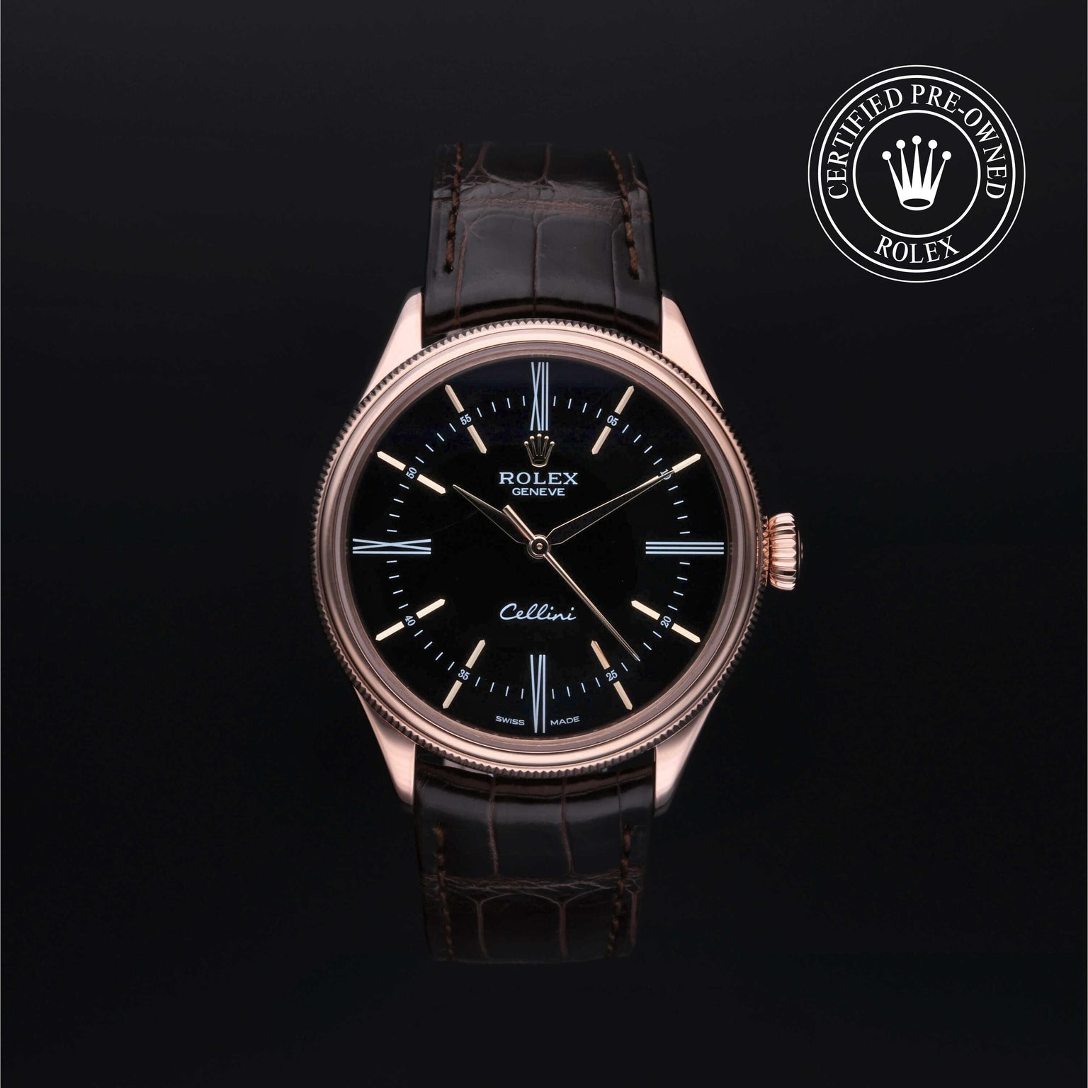 Rolex Certified Pre-owned Cellini M50505-0005 front on black background
