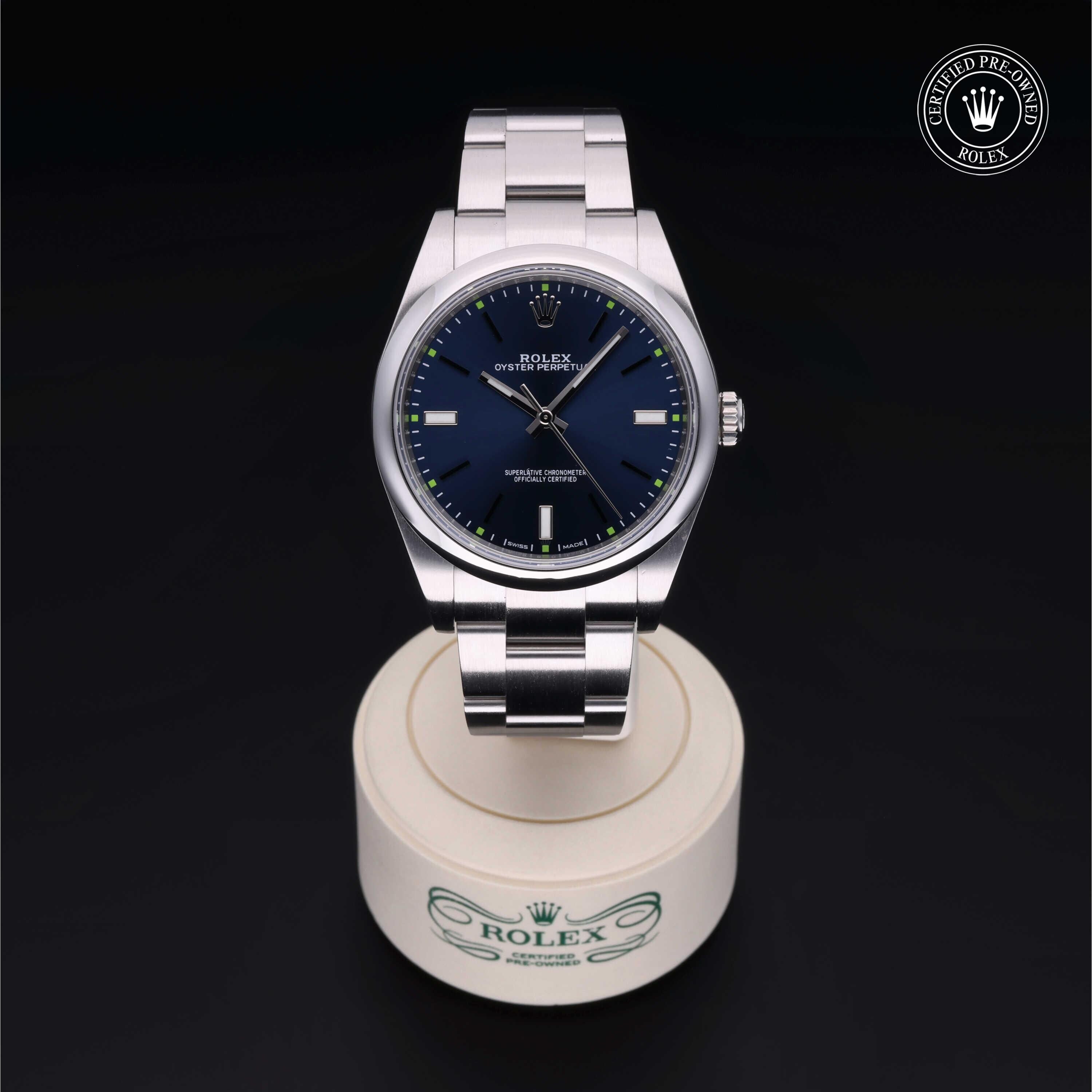 Rolex Certified Pre-owned Oyster Perpetual M114300-0003 front on black background
