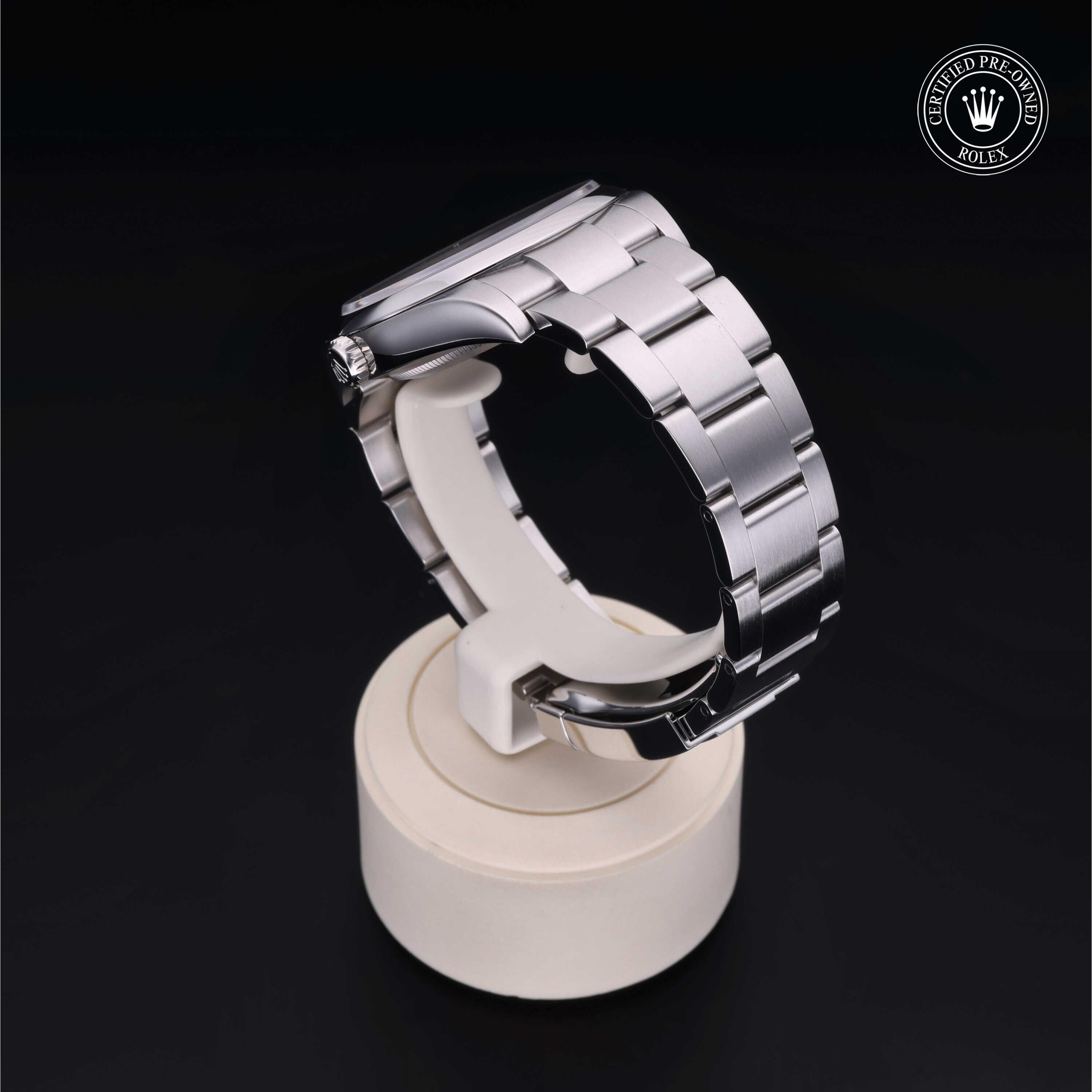 Rolex Certified Pre-owned Oyster Perpetual M114300-0003 front on black background