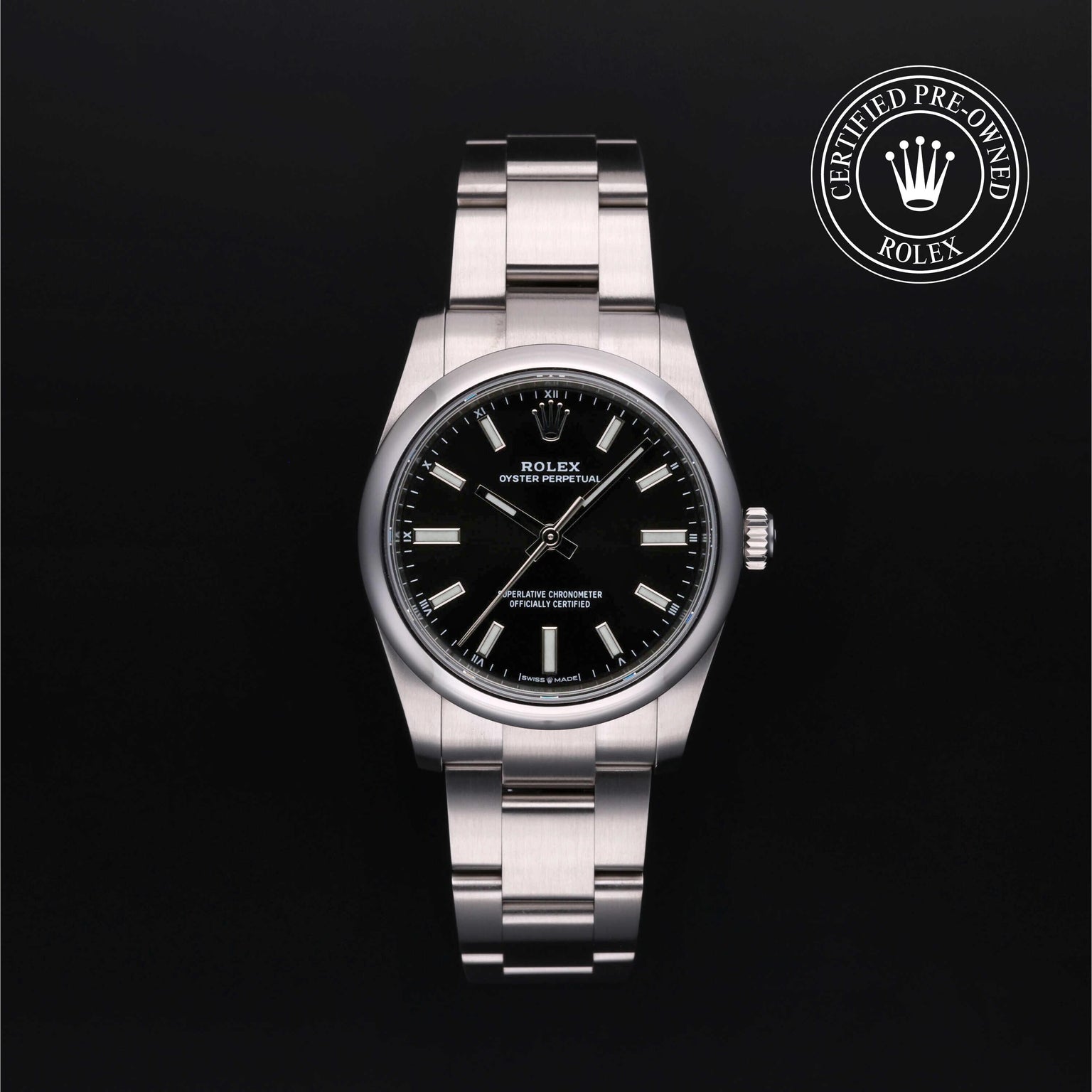 Rolex Certified Pre-owned Oyster Perpetual M124200-0002 front on black background