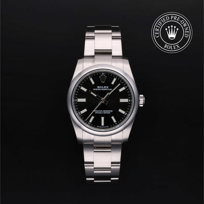 Rolex Certified Pre-owned Oyster Perpetual M124200-0002 front on black background