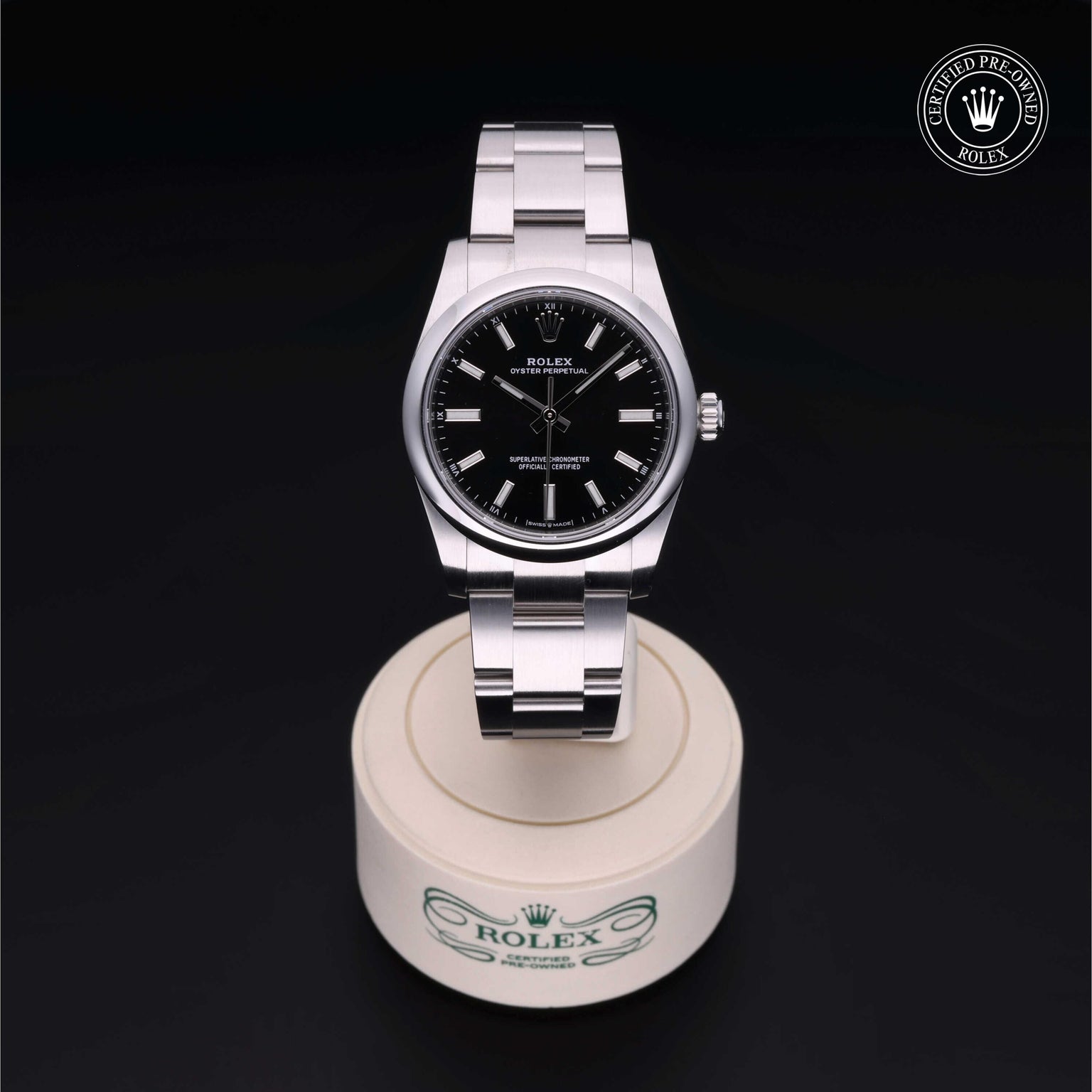 Rolex Certified Pre-owned Oyster Perpetual M124200-0002 front on black background