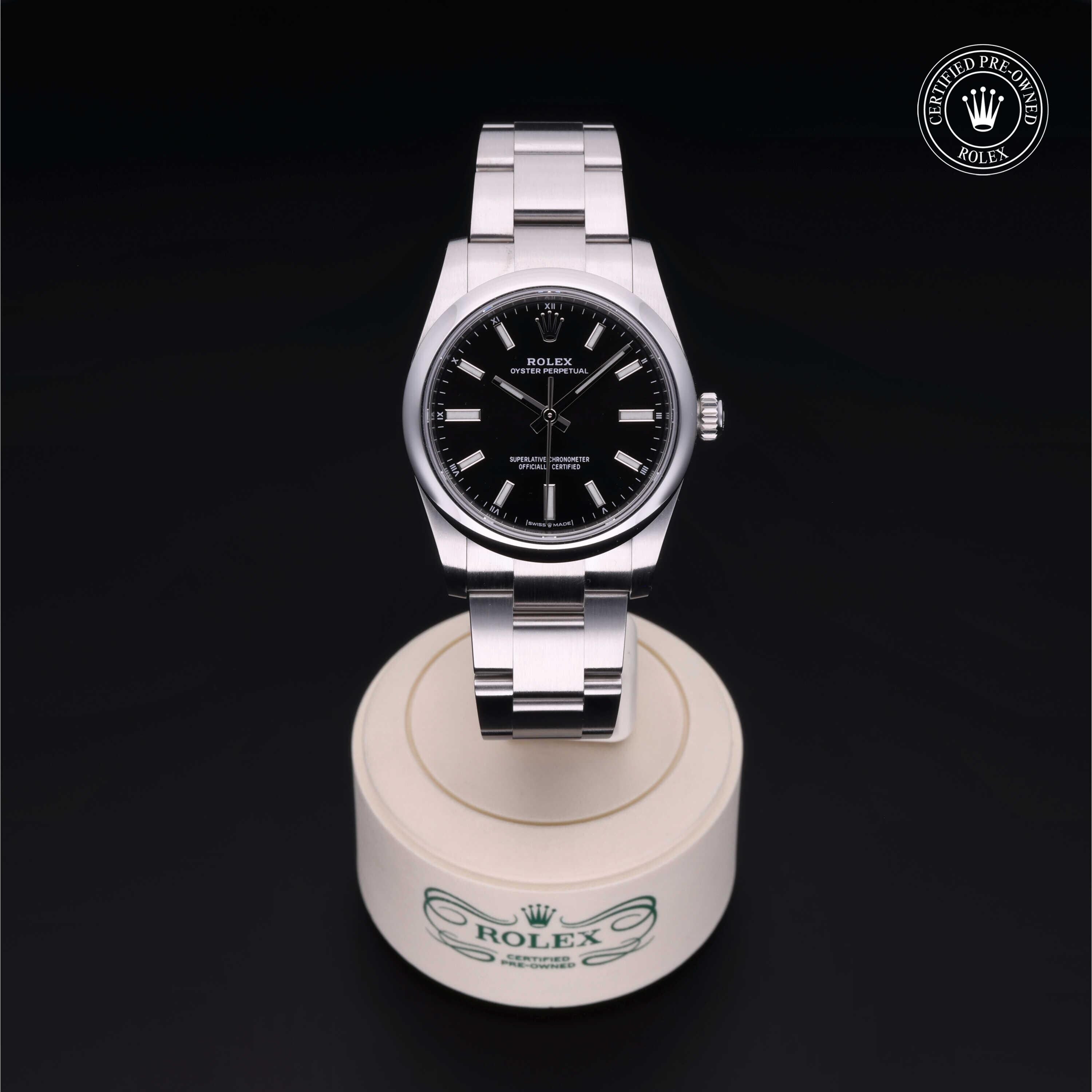 Rolex Certified Pre-owned Oyster Perpetual M124200-0002 front on black background
