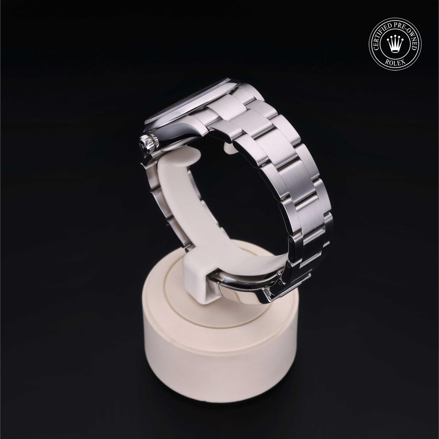Rolex Certified Pre-owned Oyster Perpetual M124200-0002 front on black background