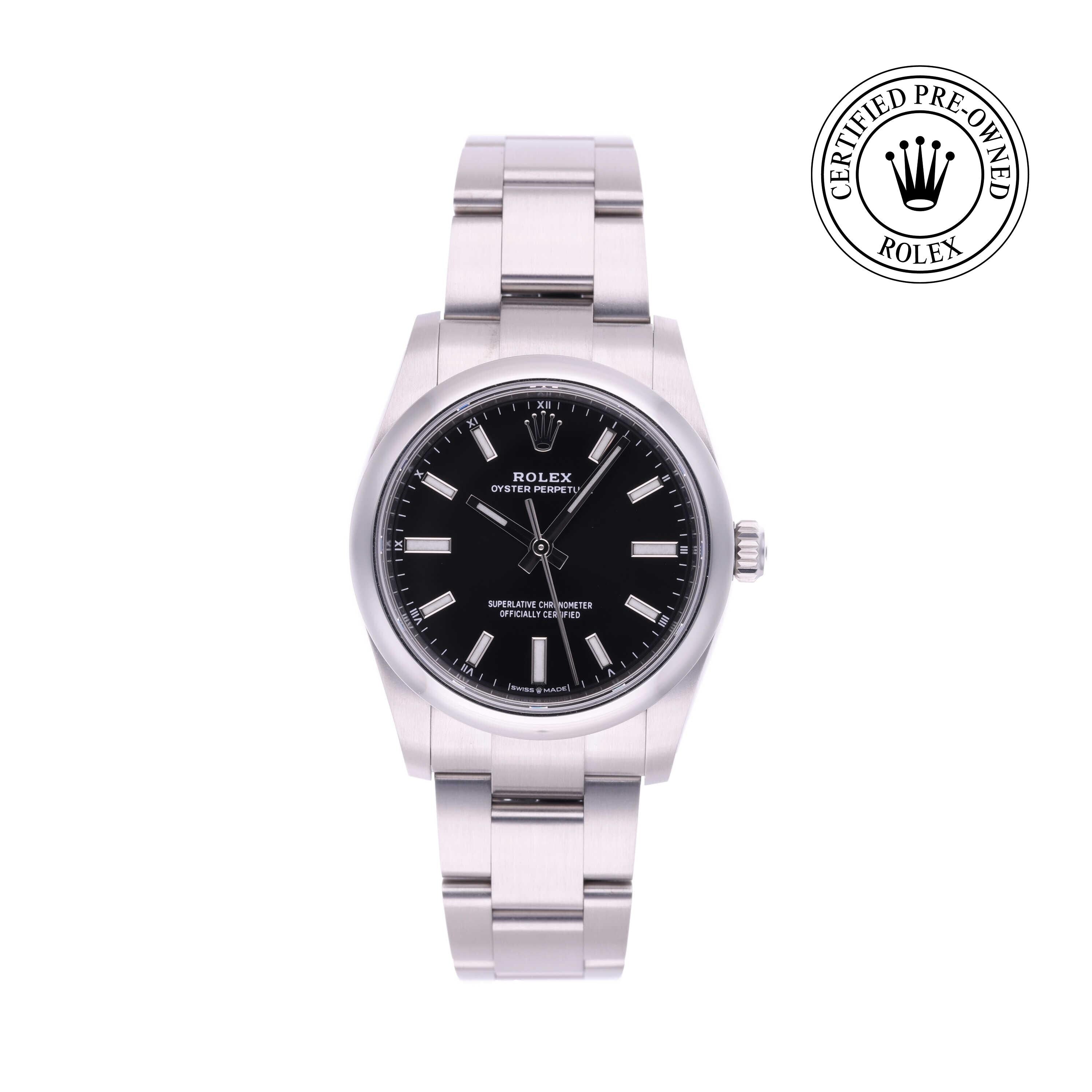 Rolex Certified Pre-owned Oyster Perpetual M124200-0002 front on white background