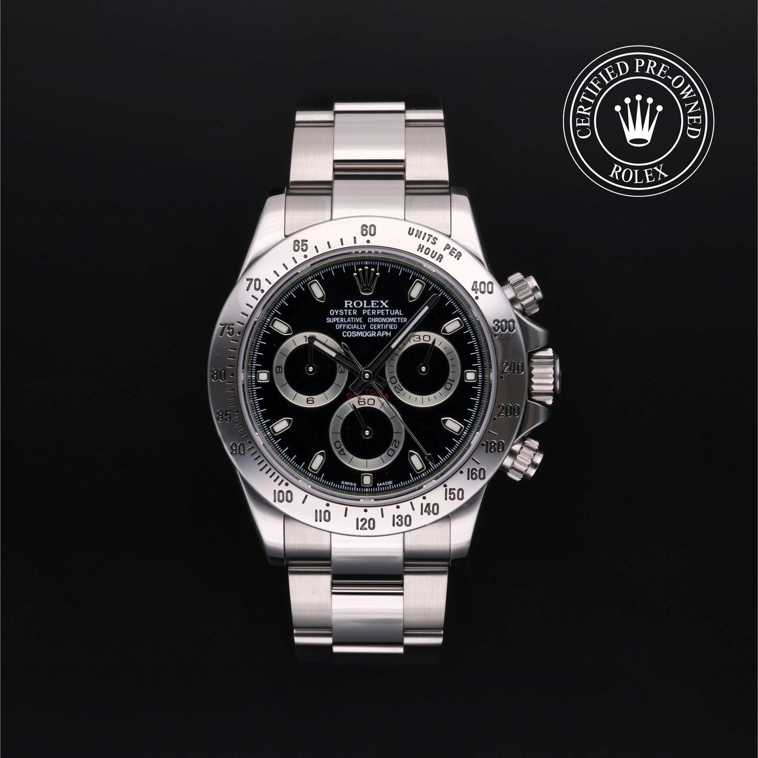 Rolex Certified Pre-owned Daytona M116520-0015 front on black background