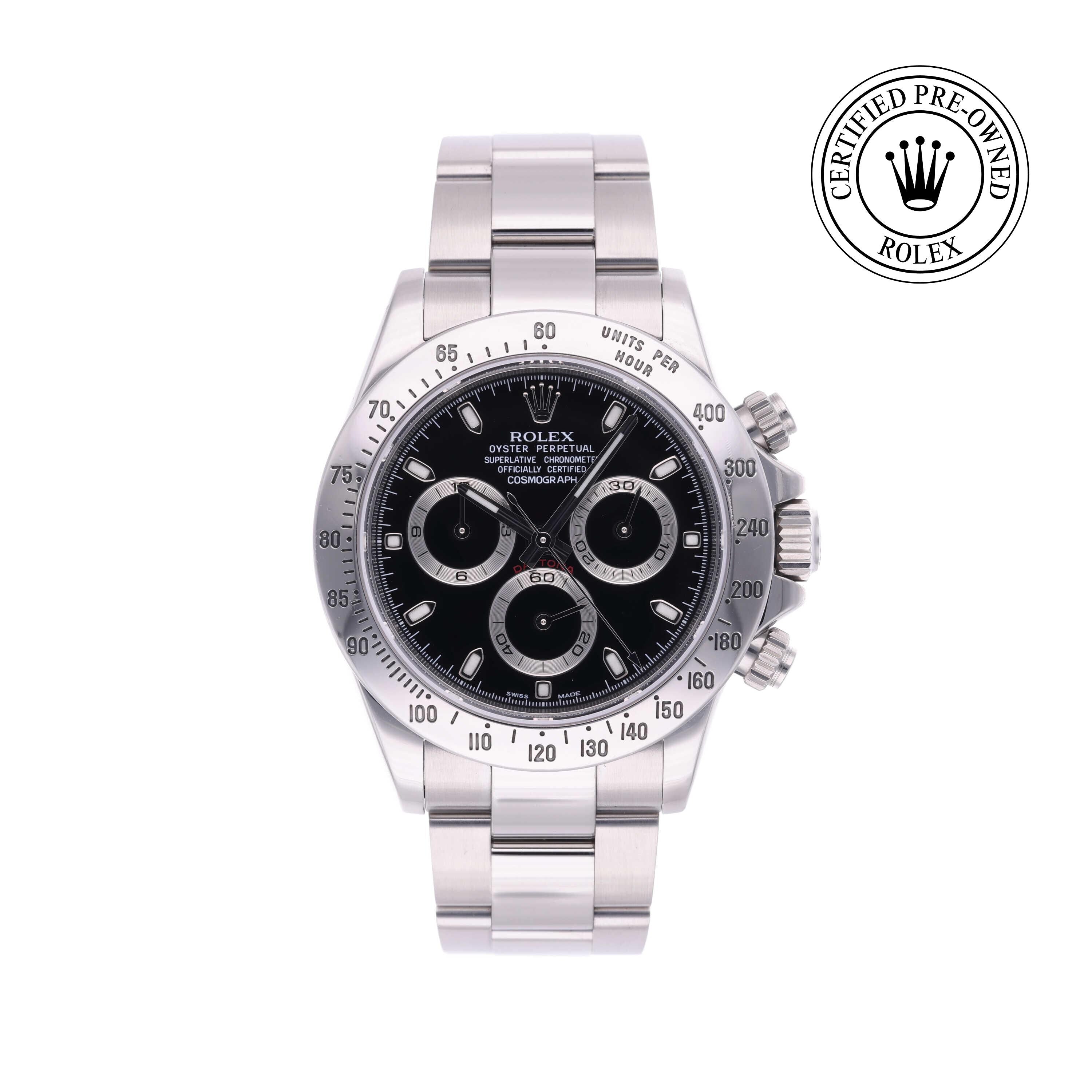 Rolex Certified Pre-owned Daytona M116520-0015 front on white background