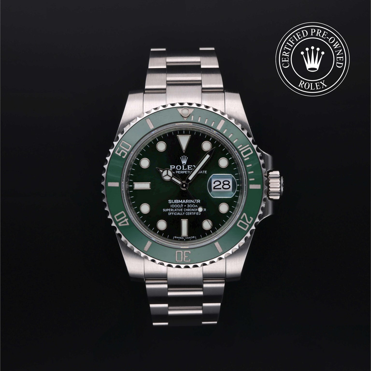 Rolex Certified Pre-owned Submariner M116610LV-0002 front on black background
