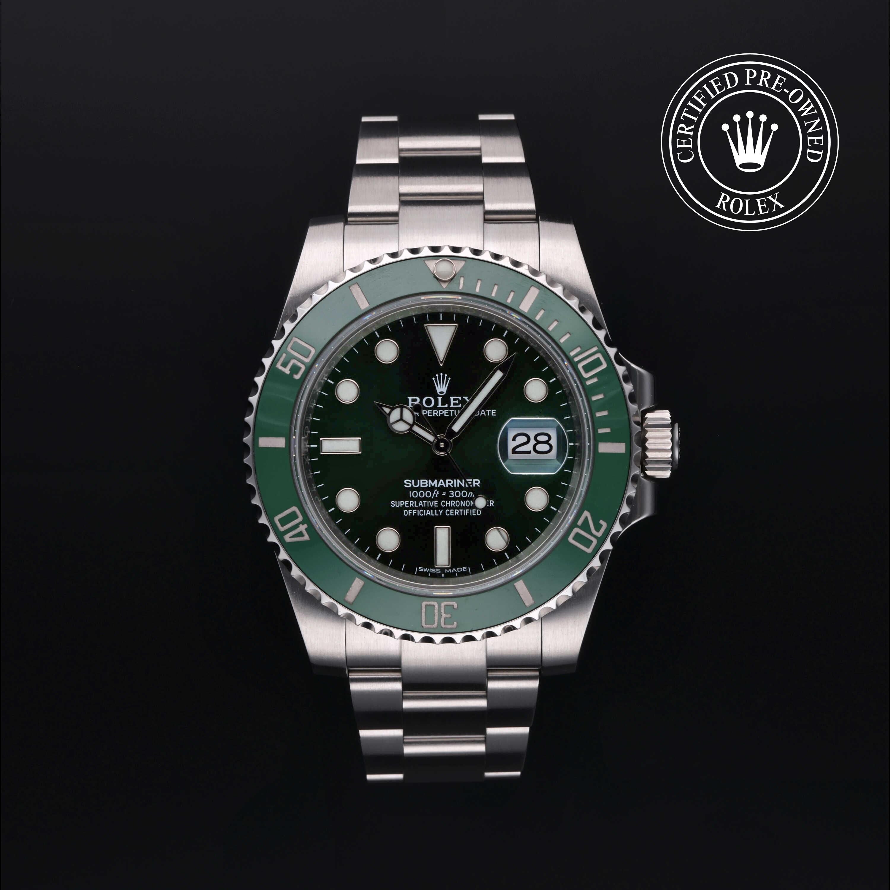 Rolex Certified Pre-owned Submariner M116610LV-0002 front on black background