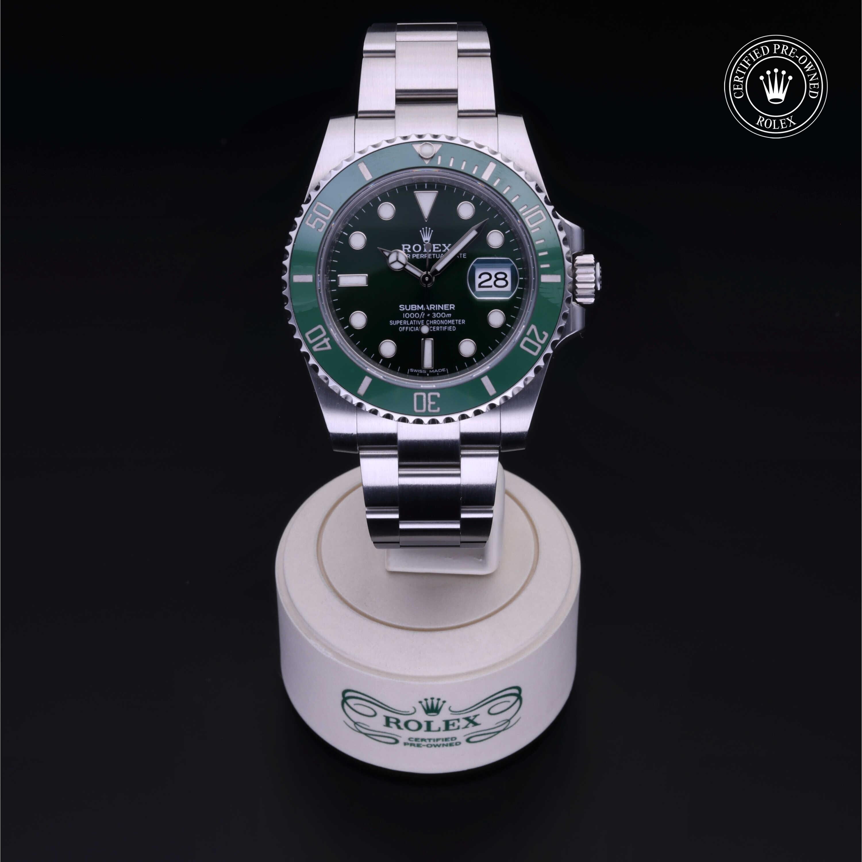 Rolex Certified Pre-owned Submariner M116610LV-0002 front on black background