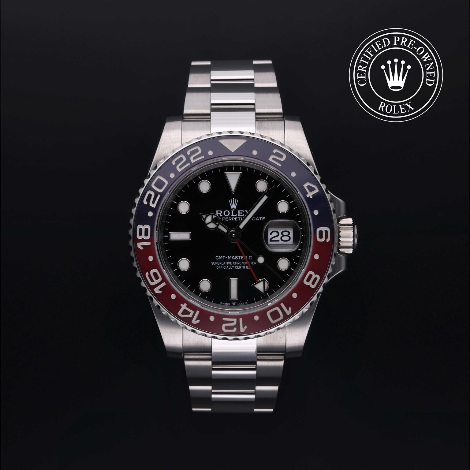 Rolex Certified Pre-owned GMT II M126710BLRO-0001 front on black background