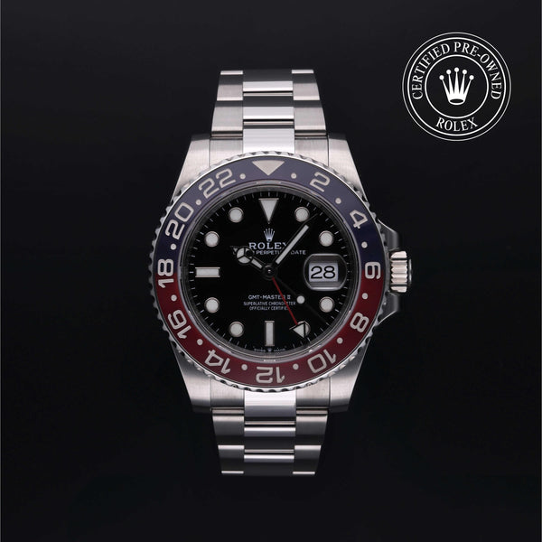 Rolex Certified Pre-owned GMT II M126710BLRO-0001 front on black background