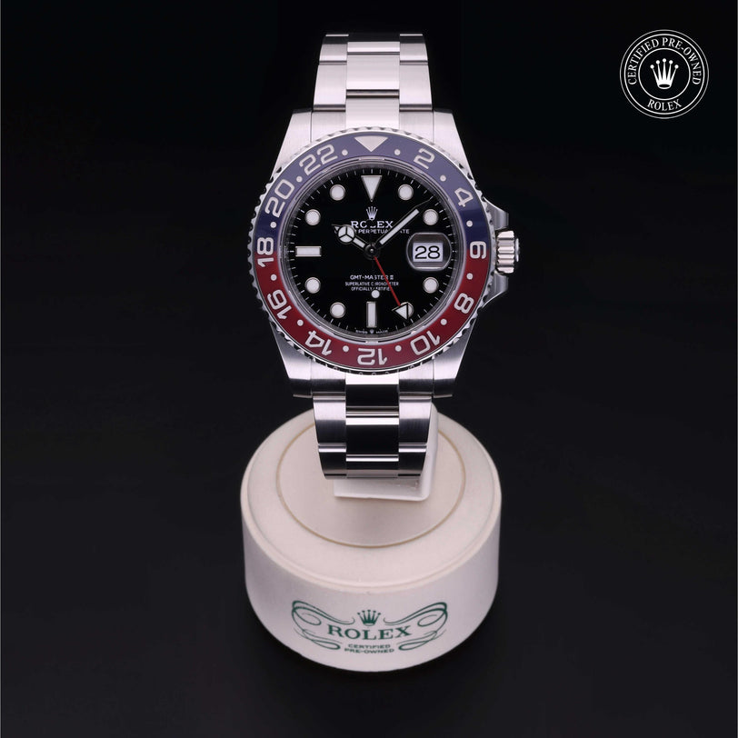 Rolex Certified Pre-owned GMT II M126710BLRO-0001 front on black background