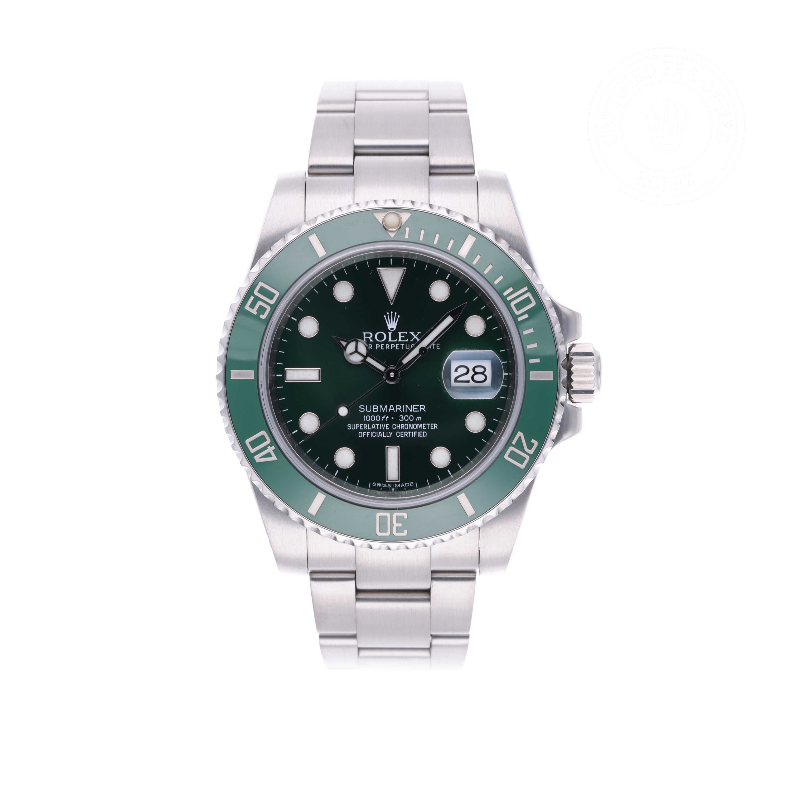 Rolex Certified Pre-owned Submariner Date M116610LV-0002 front on white background