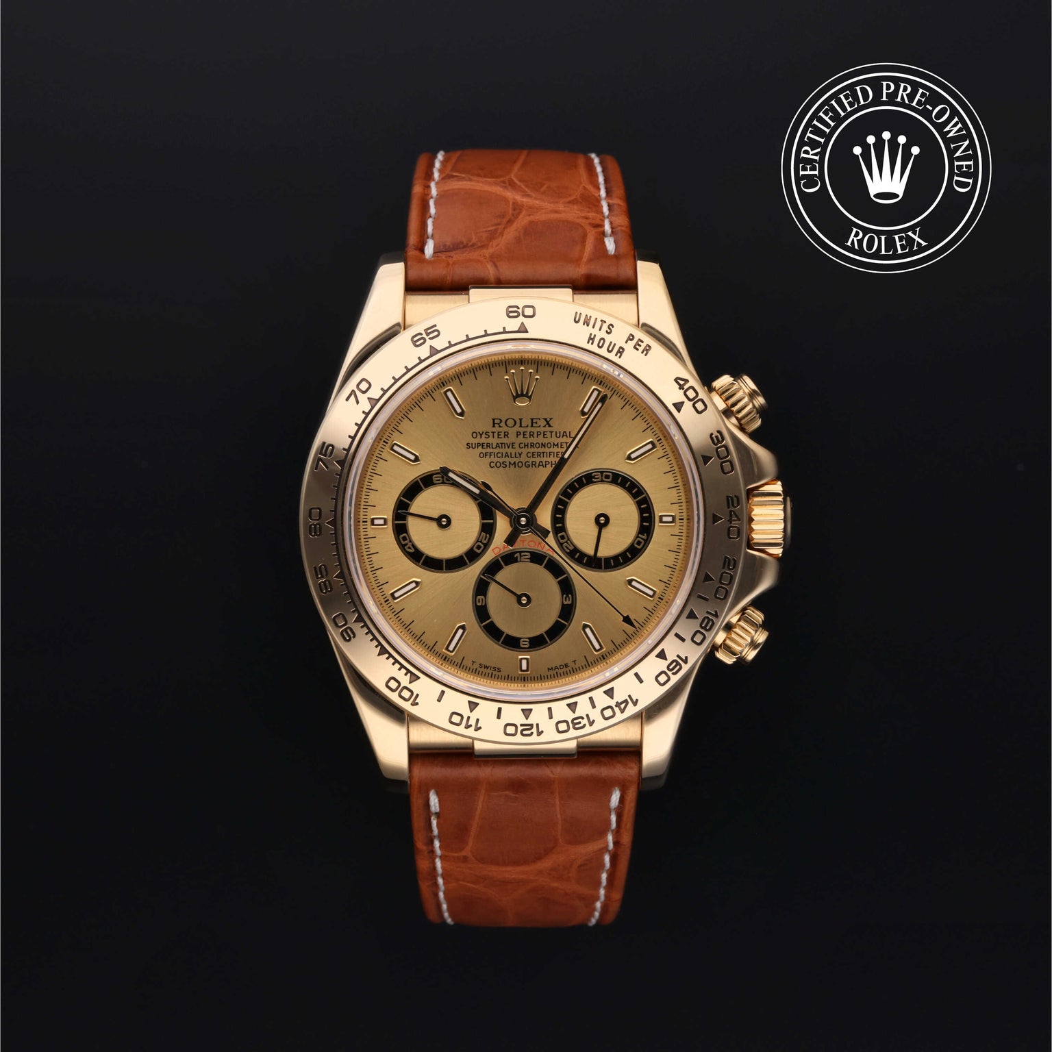 Rolex Certified Pre-owned Daytona M16518-0001 front on black background