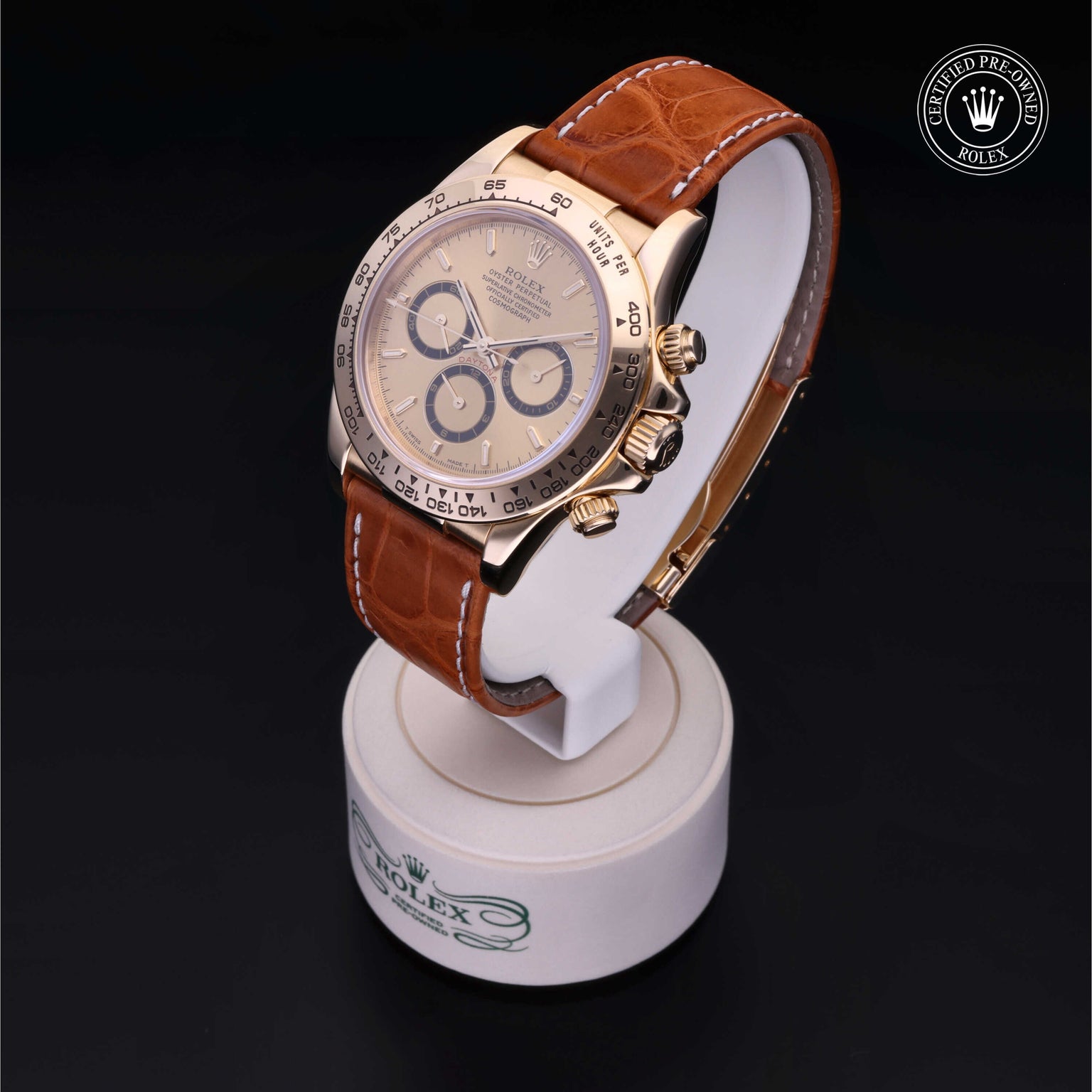 Rolex Certified Pre-owned Daytona M16518-0001 front on black background