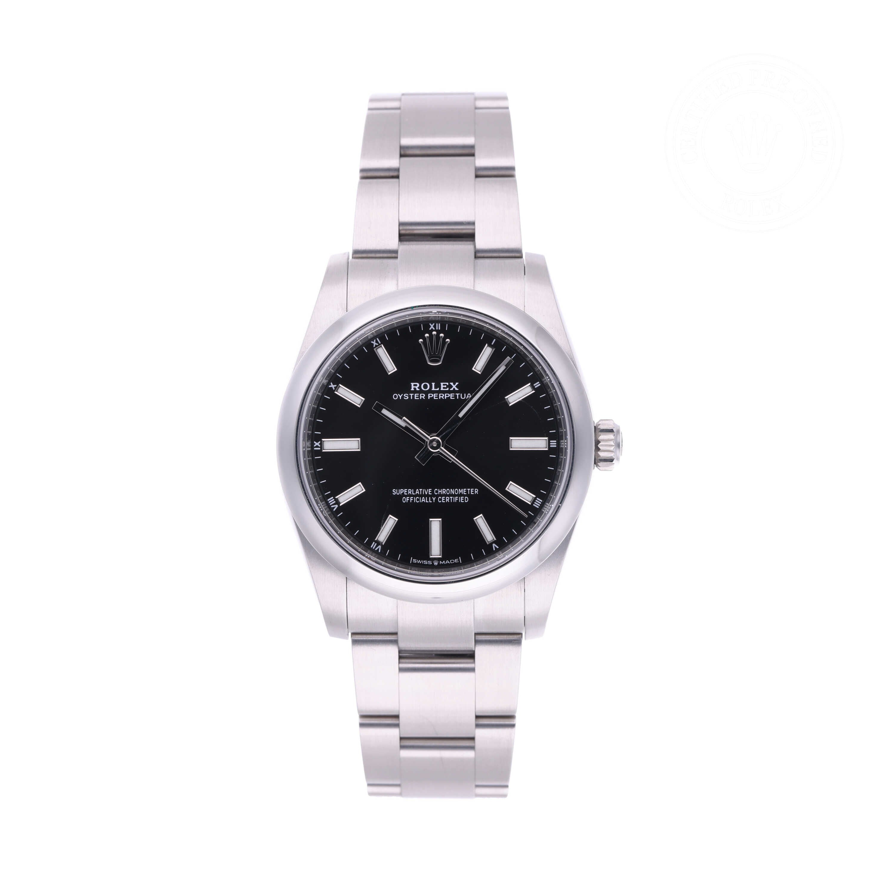 Rolex Certified Pre-owned Oyster Perpetual M124200-0002 front on white background