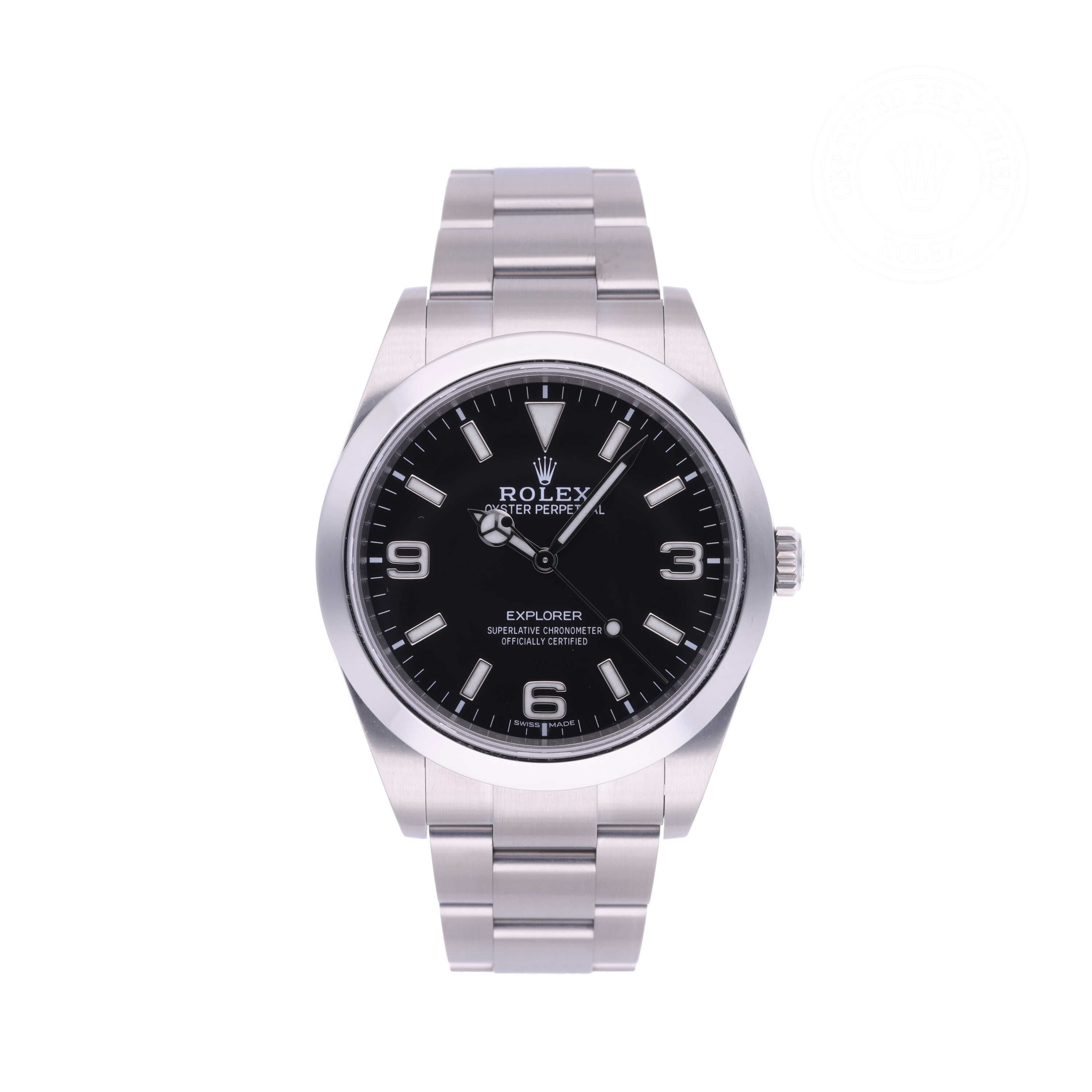 Rolex Certified Pre-owned Explorer M214270-0003 front on white background