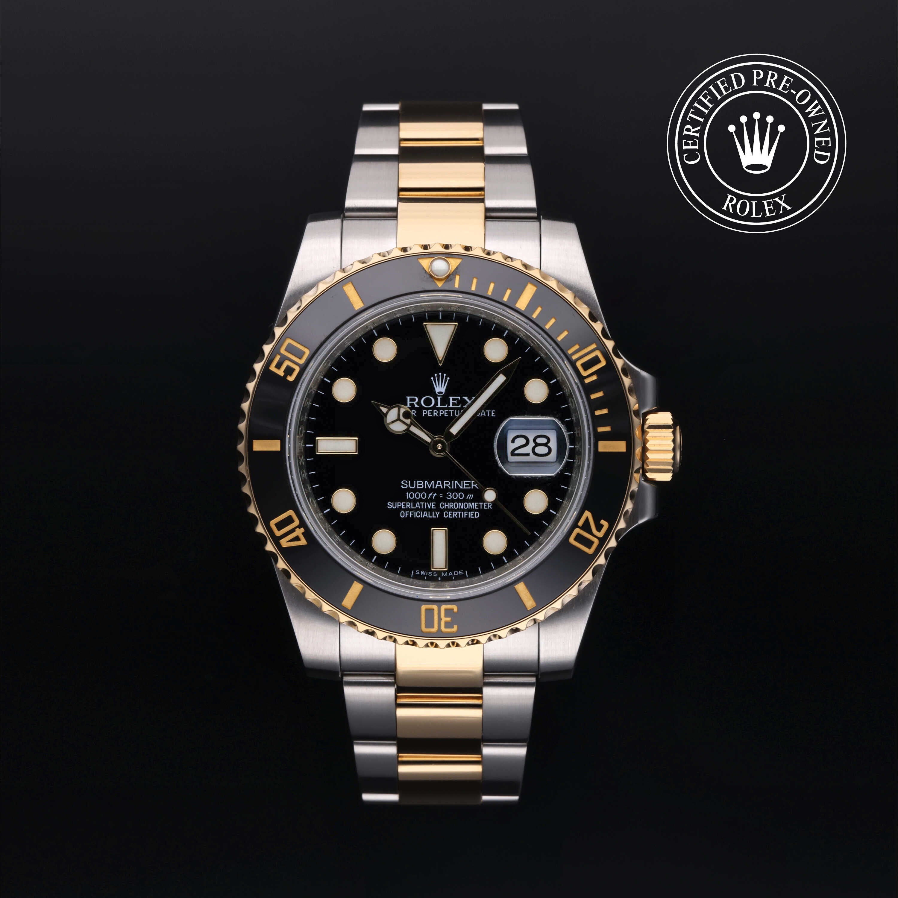 Rolex Certified Pre-owned Submariner Date M116613LN-0001 front on black background