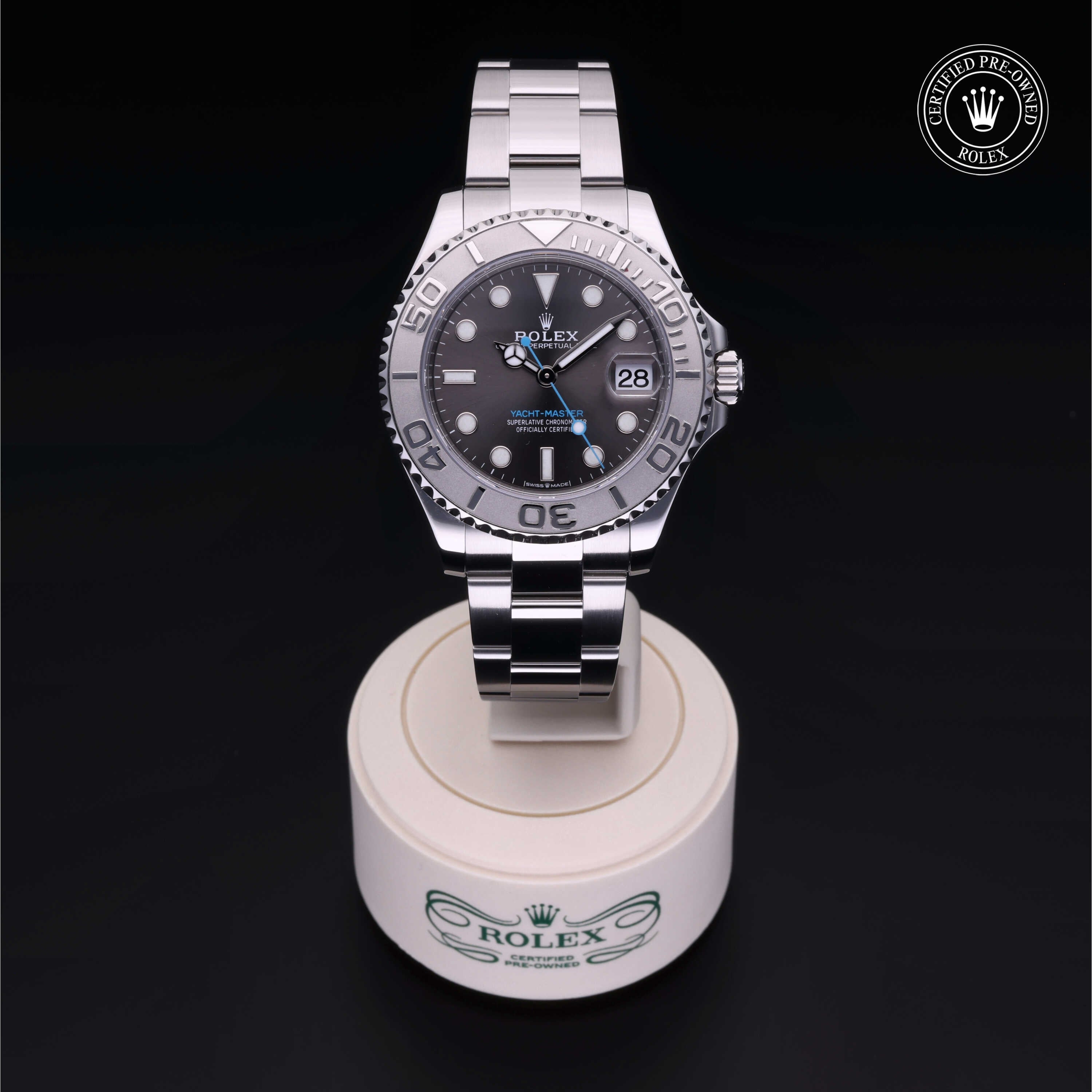 Rolex Certified Pre-owned Yacht-Master M268622-0002 front on black background