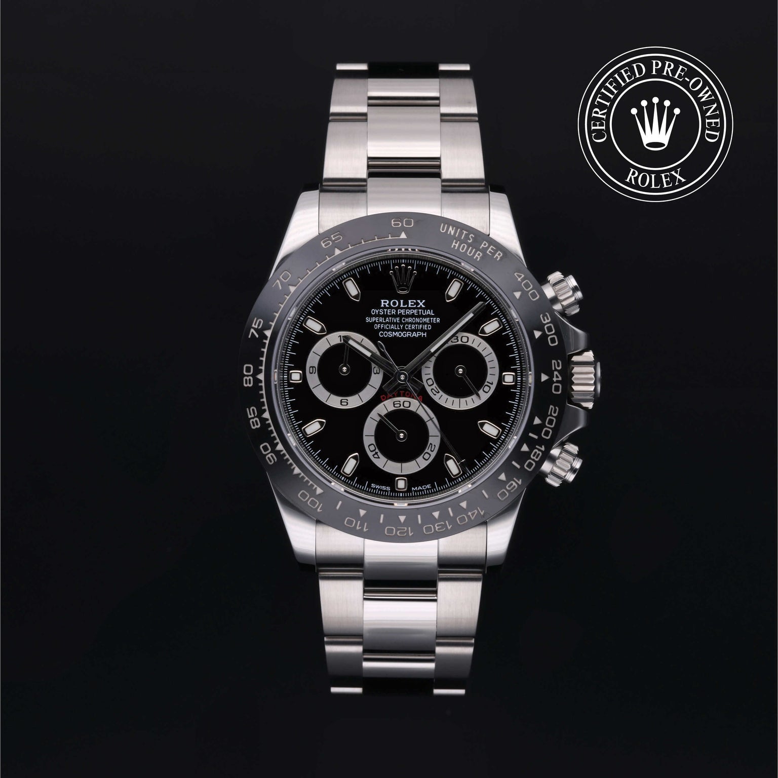Rolex Certified Pre-owned Daytona M116500LN-0002 front on black background