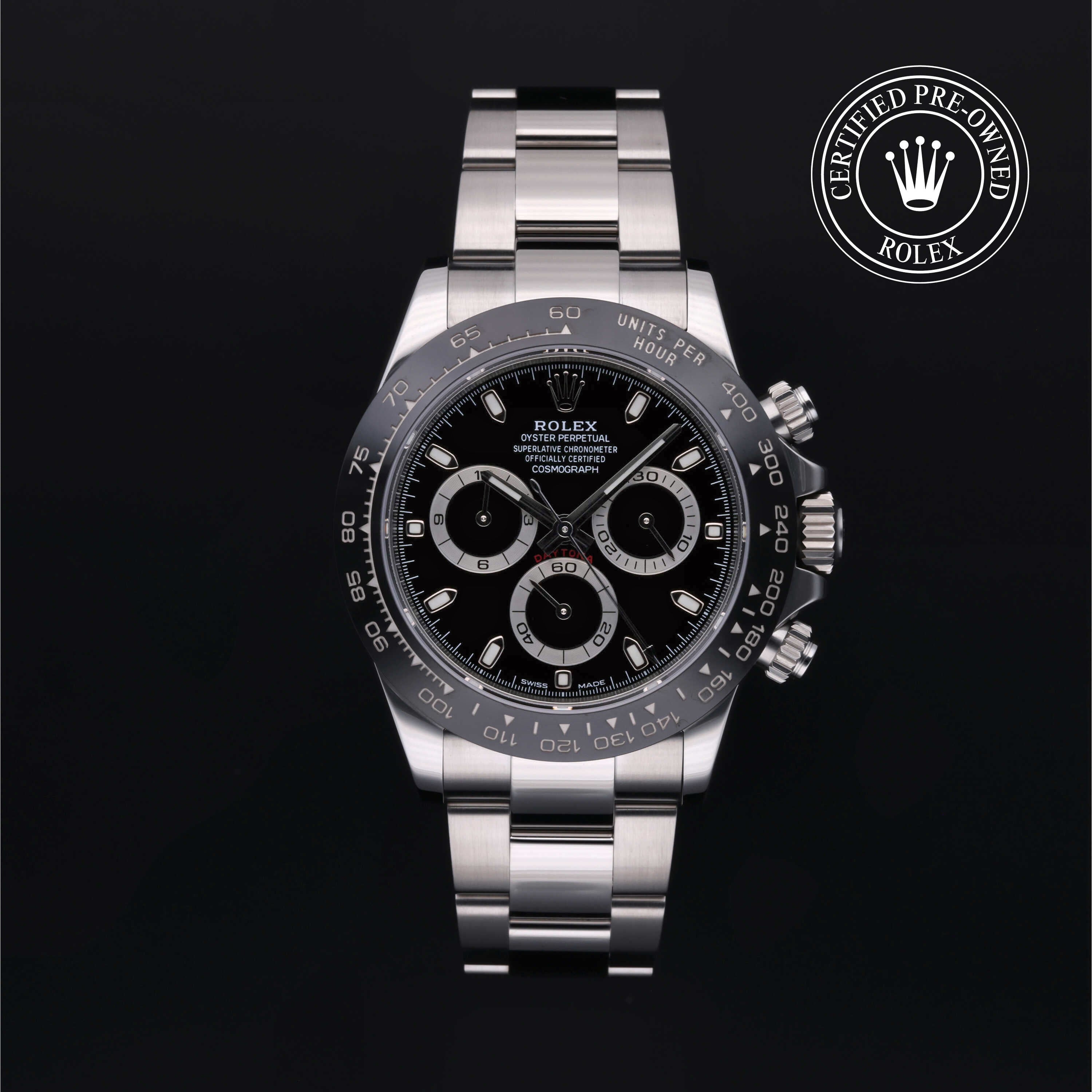 Rolex Certified Pre-owned Daytona M116500LN-0002 front on black background