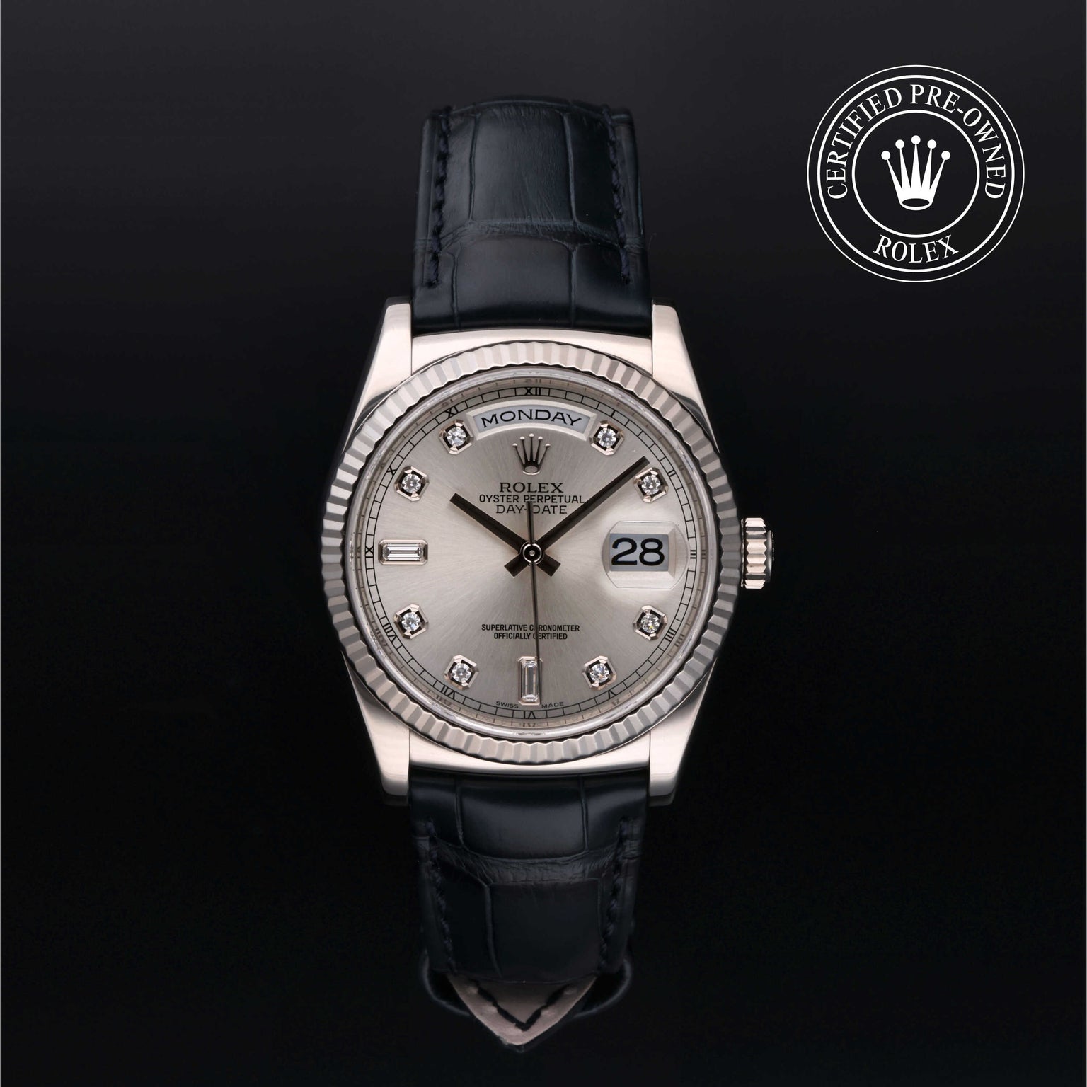 Rolex Certified Pre-owned Day-date M118139-0004 front on black background